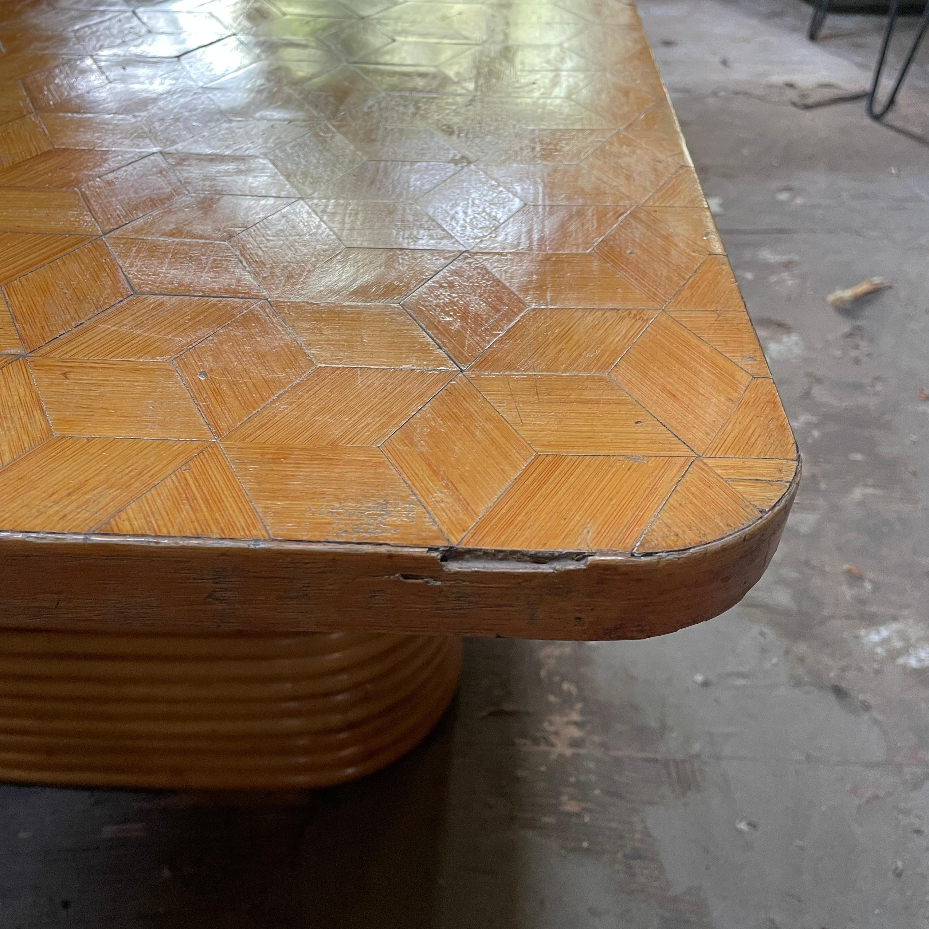 1940s Paul Frankl Attributed Rattan + Bamboo Stacked Pretzel Coffee Table Patina For Sale 5
