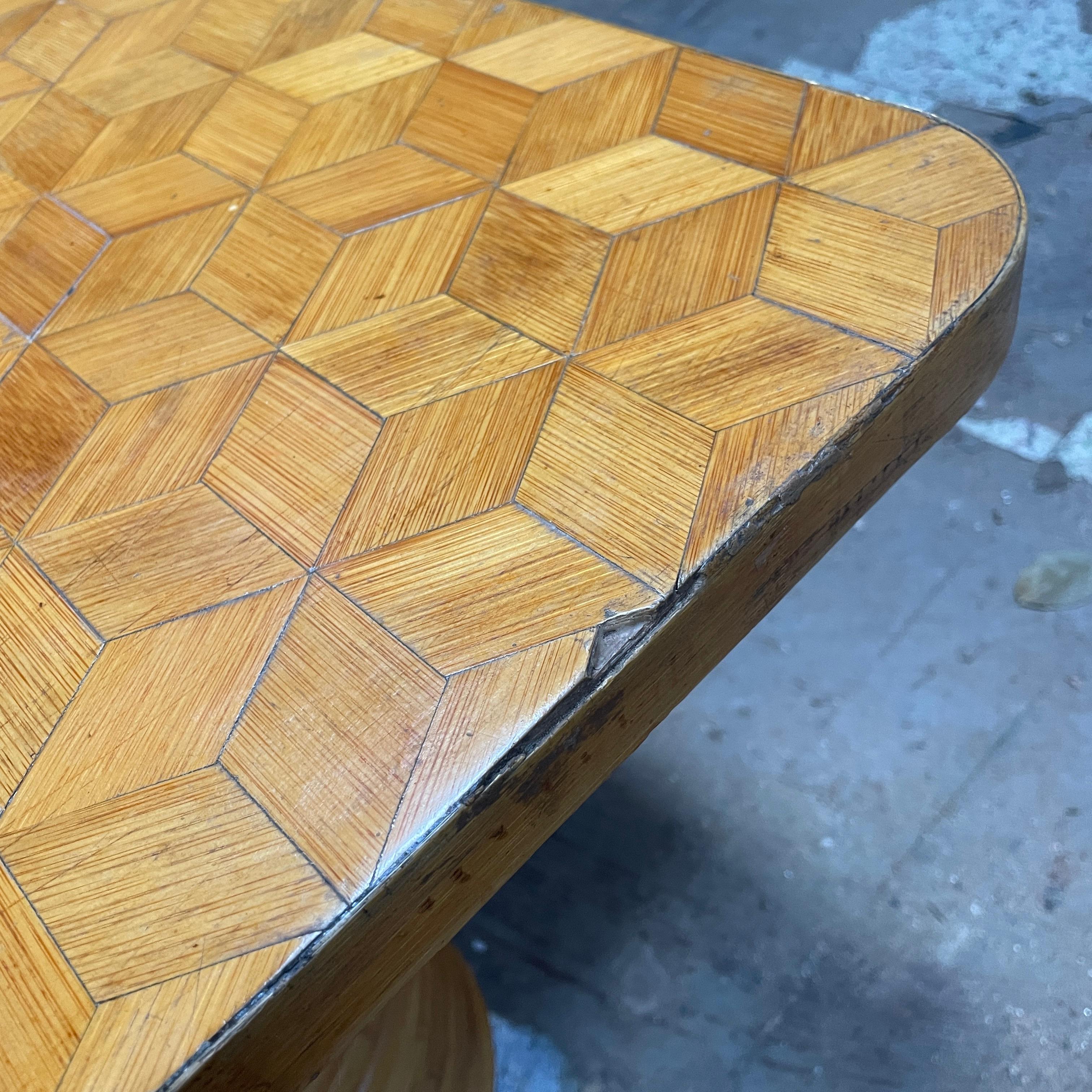 1940s Paul Frankl Attributed Rattan + Bamboo Stacked Pretzel Coffee Table Patina For Sale 6