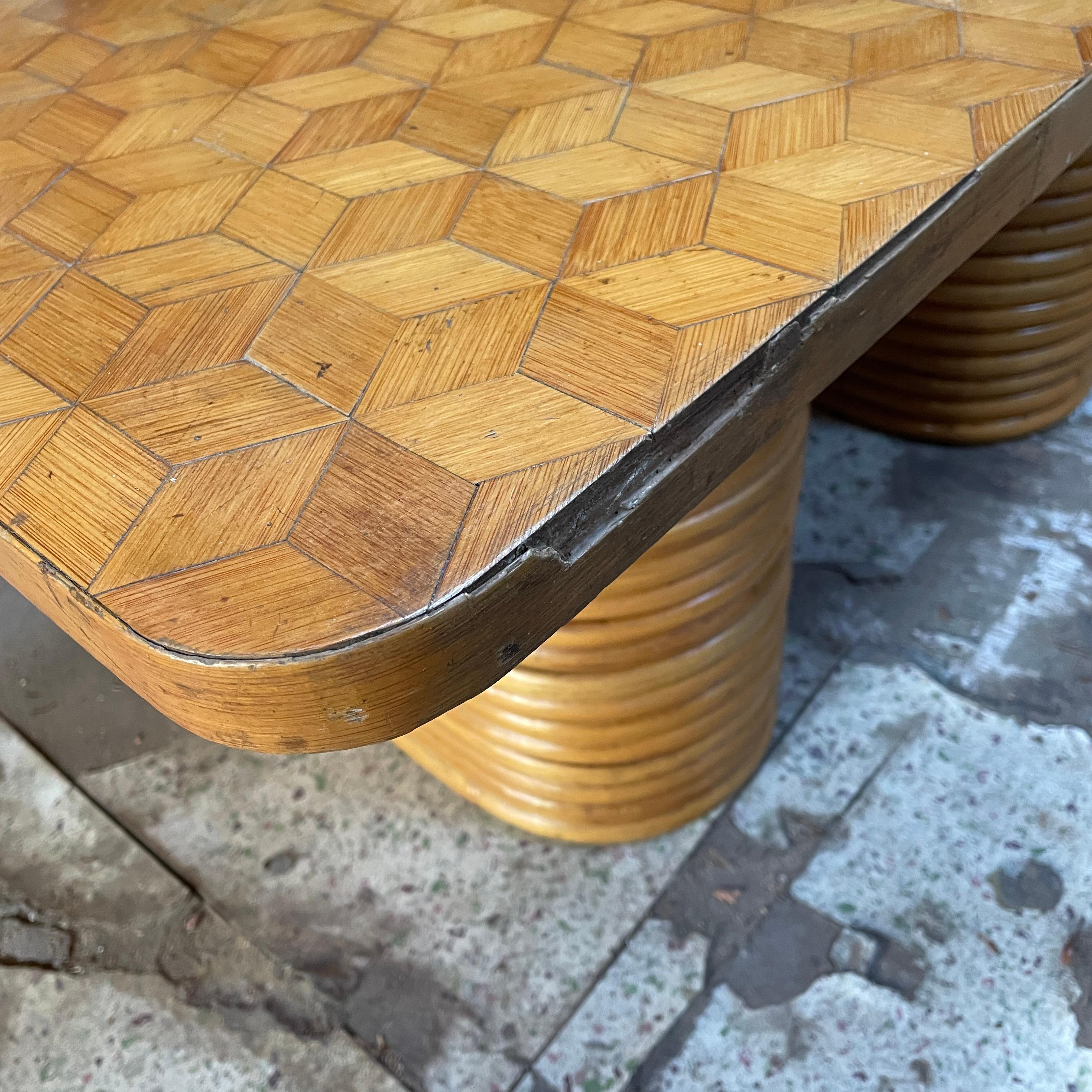1940s Paul Frankl Attributed Rattan + Bamboo Stacked Pretzel Coffee Table Patina For Sale 7