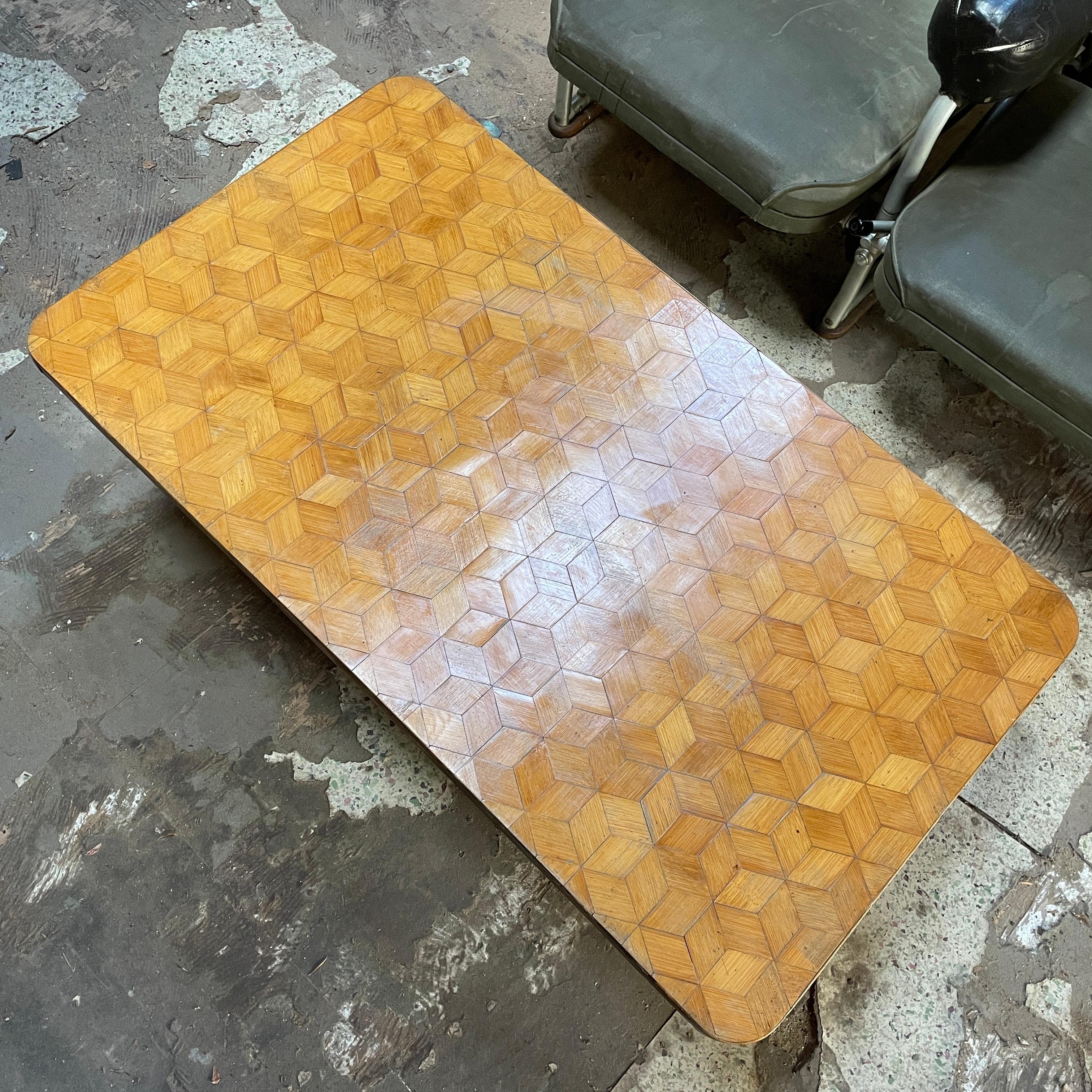 1940s Paul Frankl Attributed Rattan + Bamboo Stacked Pretzel Coffee Table Patina For Sale 8