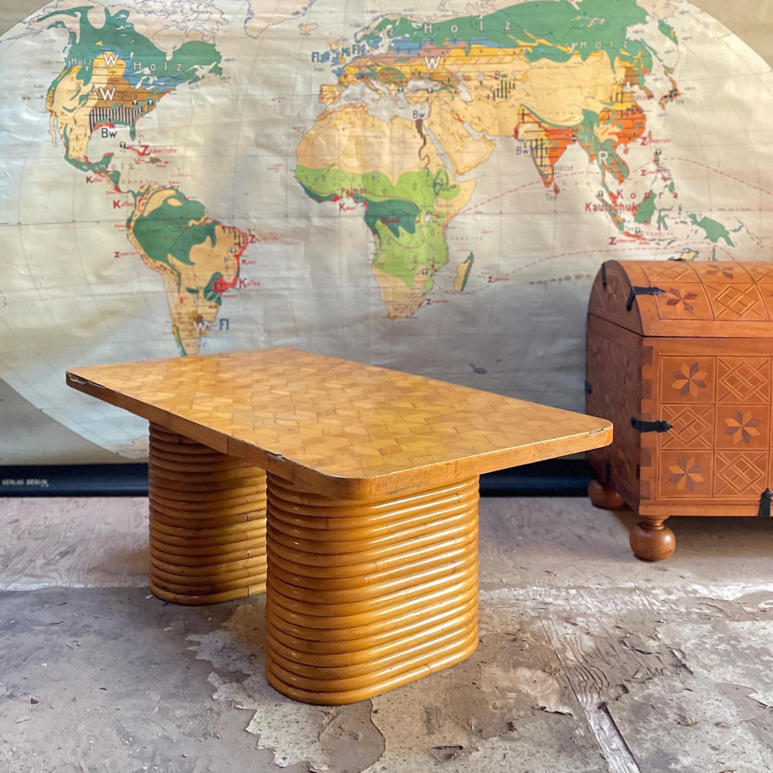 This one is a real unrestored survivor.  Heavily worn and patinated. Especially the edge banding, which is chipped and has some very old patch work spots. But this table is holding together well and usable as-is.

