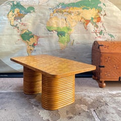1940s Paul Frankl Attributed Rattan + Bamboo Stacked Pretzel Coffee Table Patina