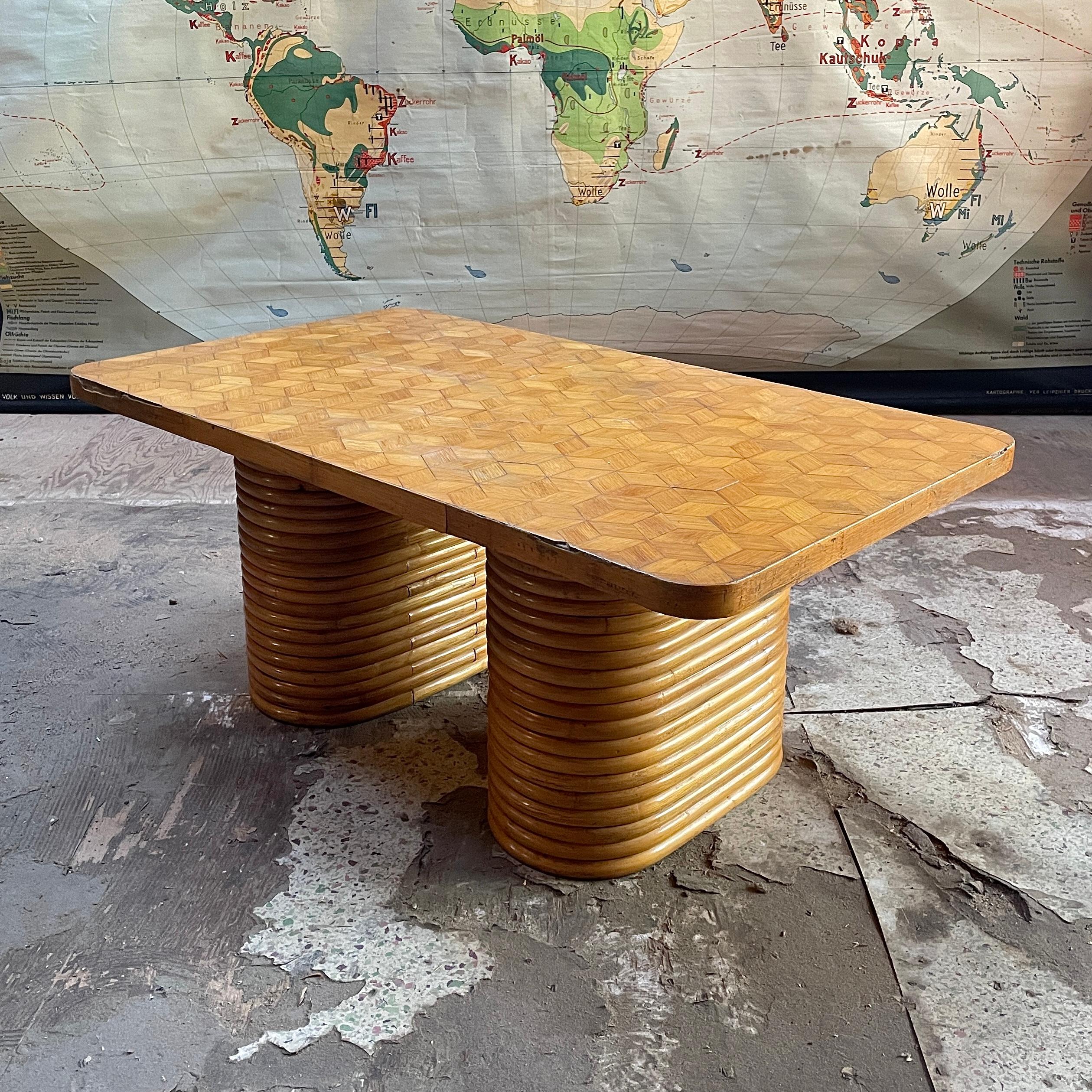 Art Deco 1940s Paul Frankl Attributed Rattan + Bamboo Stacked Pretzel Coffee Table Patina For Sale
