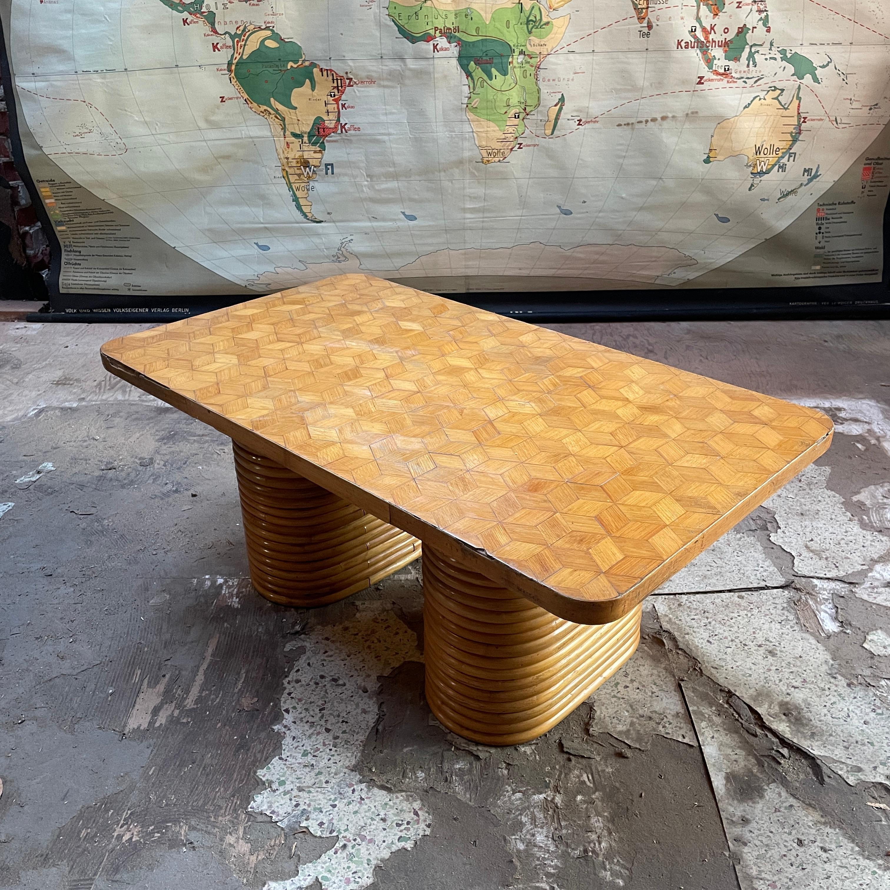 American 1940s Paul Frankl Attributed Rattan + Bamboo Stacked Pretzel Coffee Table Patina For Sale