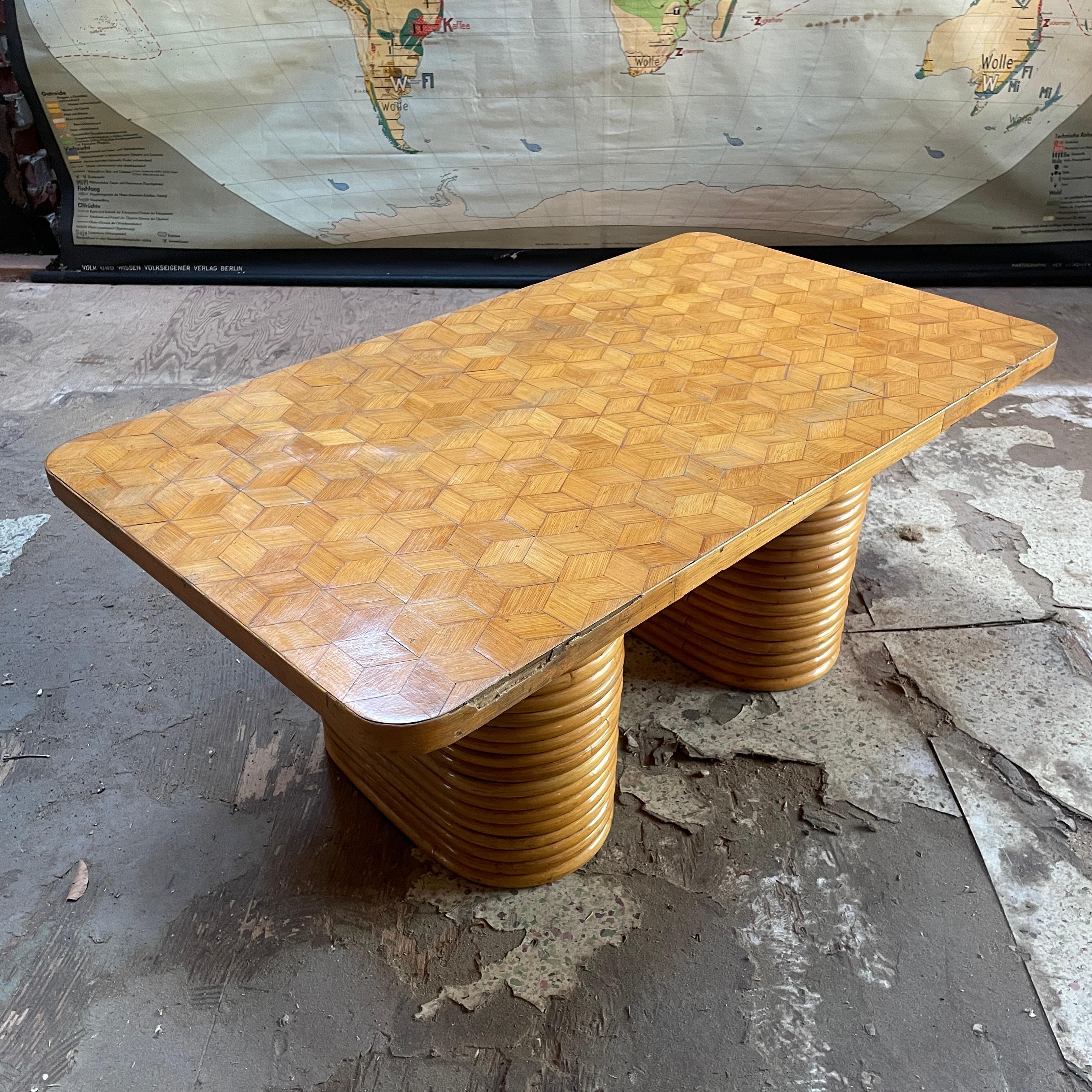 Hand-Crafted 1940s Paul Frankl Attributed Rattan + Bamboo Stacked Pretzel Coffee Table Patina For Sale
