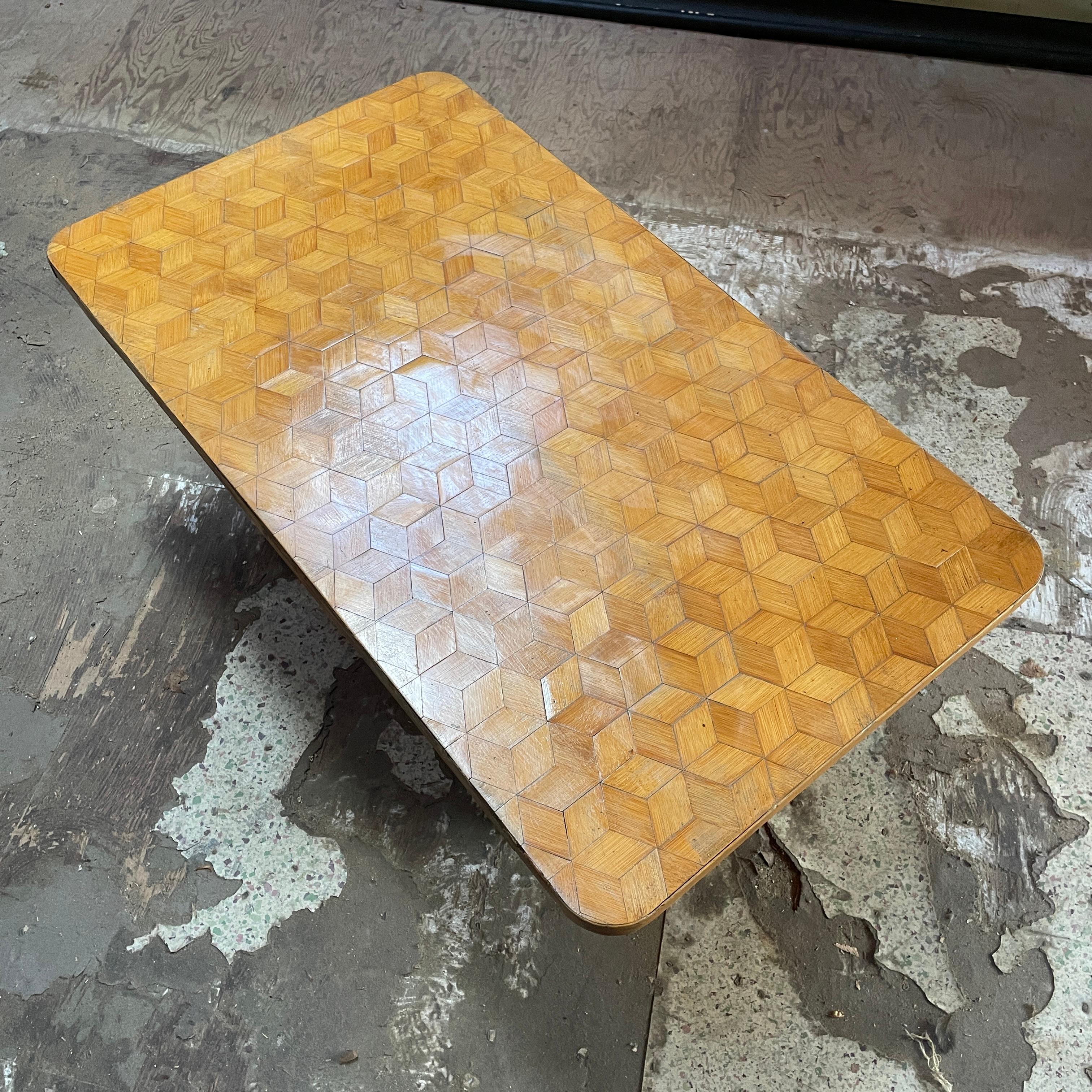 1940s Paul Frankl Attributed Rattan + Bamboo Stacked Pretzel Coffee Table Patina In Distressed Condition For Sale In Hyattsville, MD