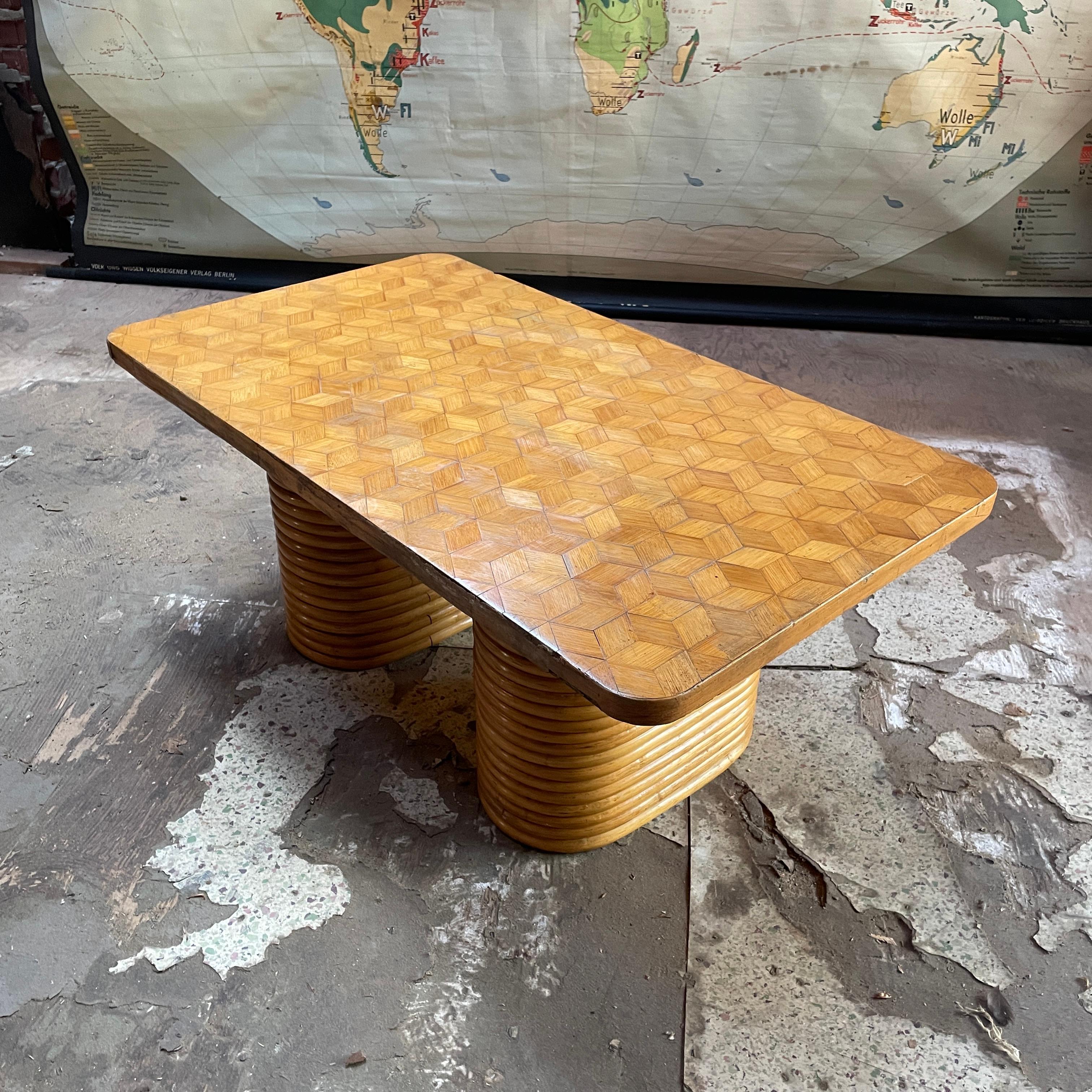 Mid-20th Century 1940s Paul Frankl Attributed Rattan + Bamboo Stacked Pretzel Coffee Table Patina For Sale
