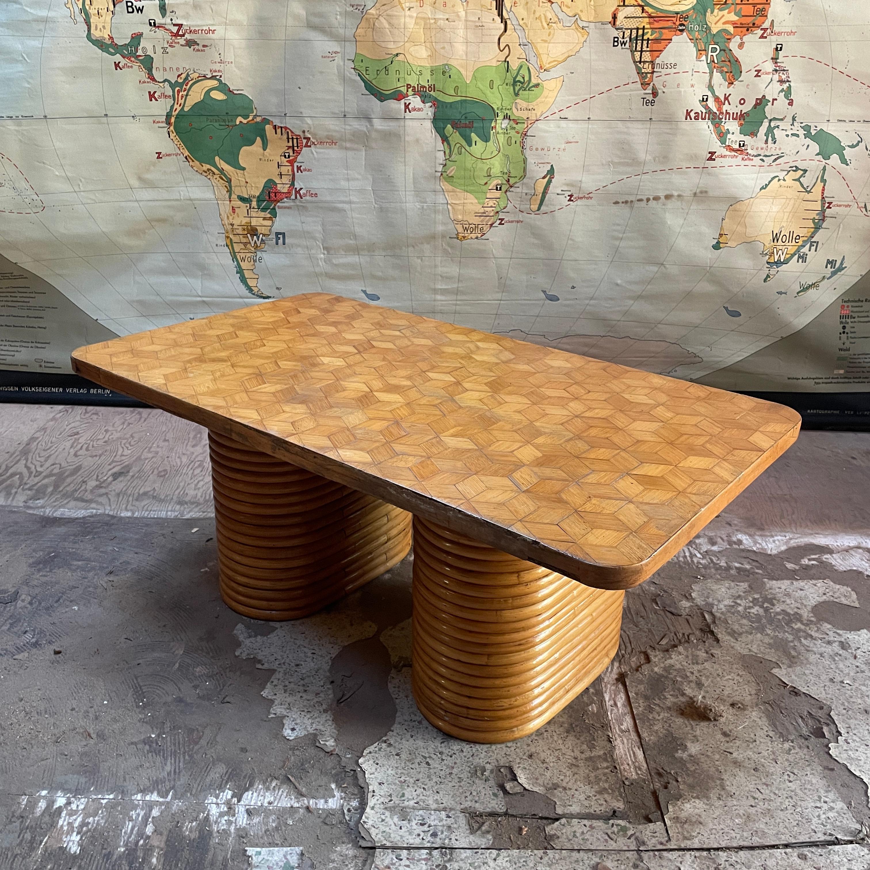 Wood 1940s Paul Frankl Attributed Rattan + Bamboo Stacked Pretzel Coffee Table Patina For Sale