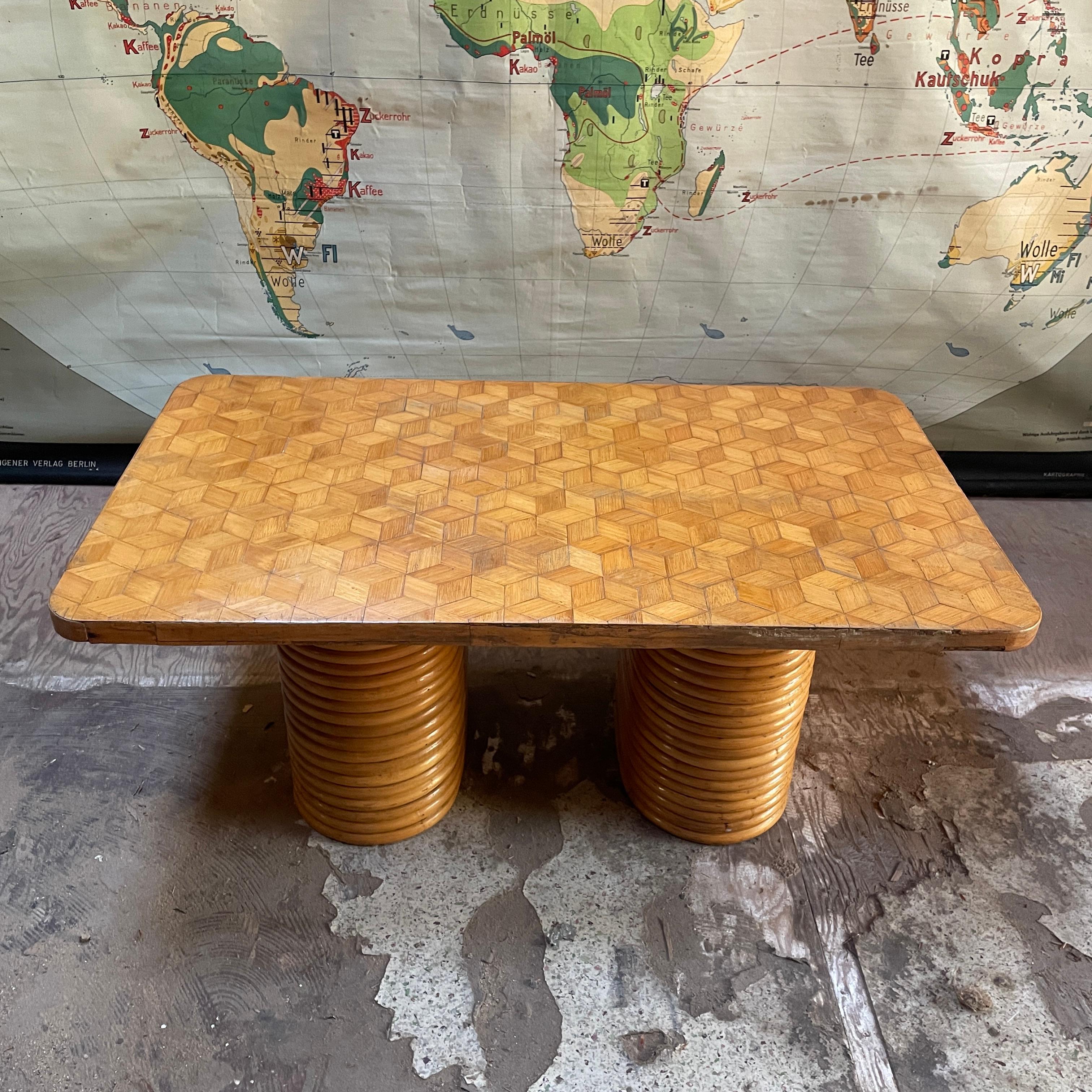1940s Paul Frankl Attributed Rattan + Bamboo Stacked Pretzel Coffee Table Patina For Sale 1