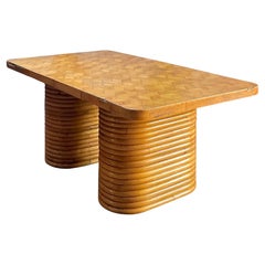 1940s Paul Frankl Attributed Rattan + Bamboo Stacked Pretzel Coffee Table Patina