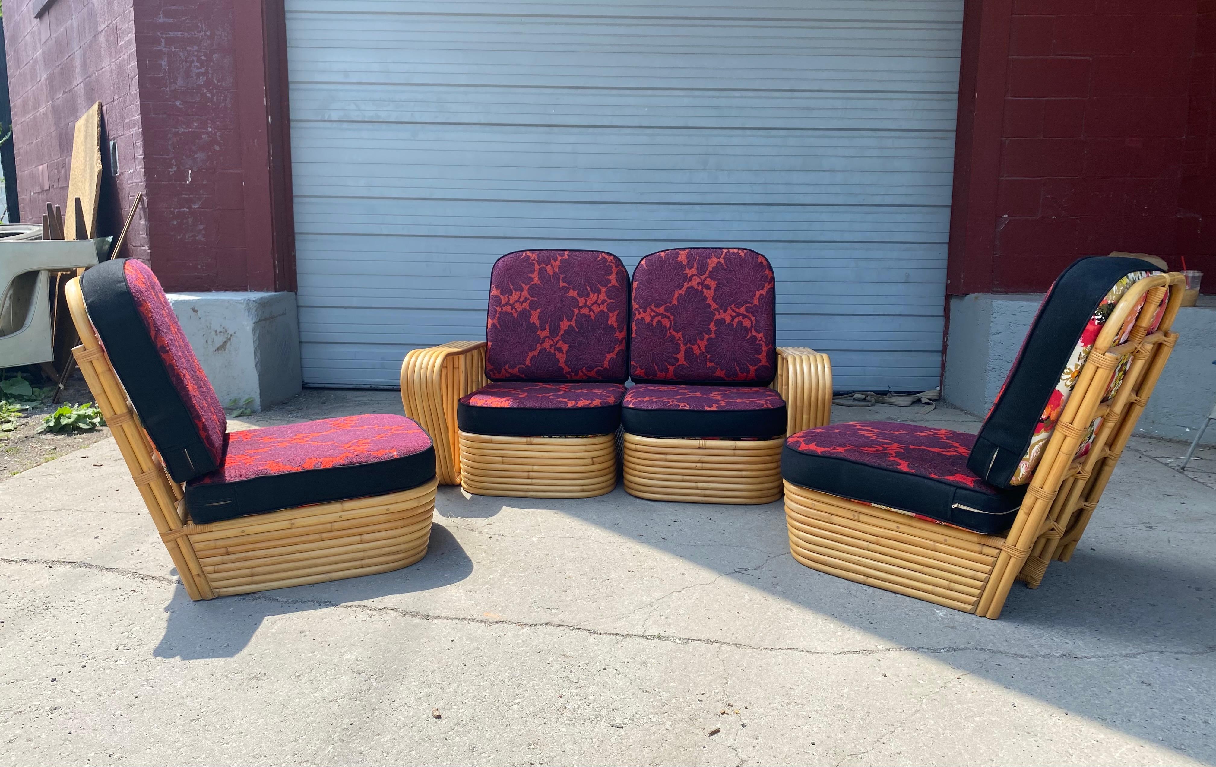 Stunning 6 band bamboo 4-piece sectional. Art Deco style, bamboo in amazing original condition, recently reupholstered reversible loose cushions, extremely comfortable. Very versatile, can be configured to form long 4 -seater sofa, 3-seater sofa and