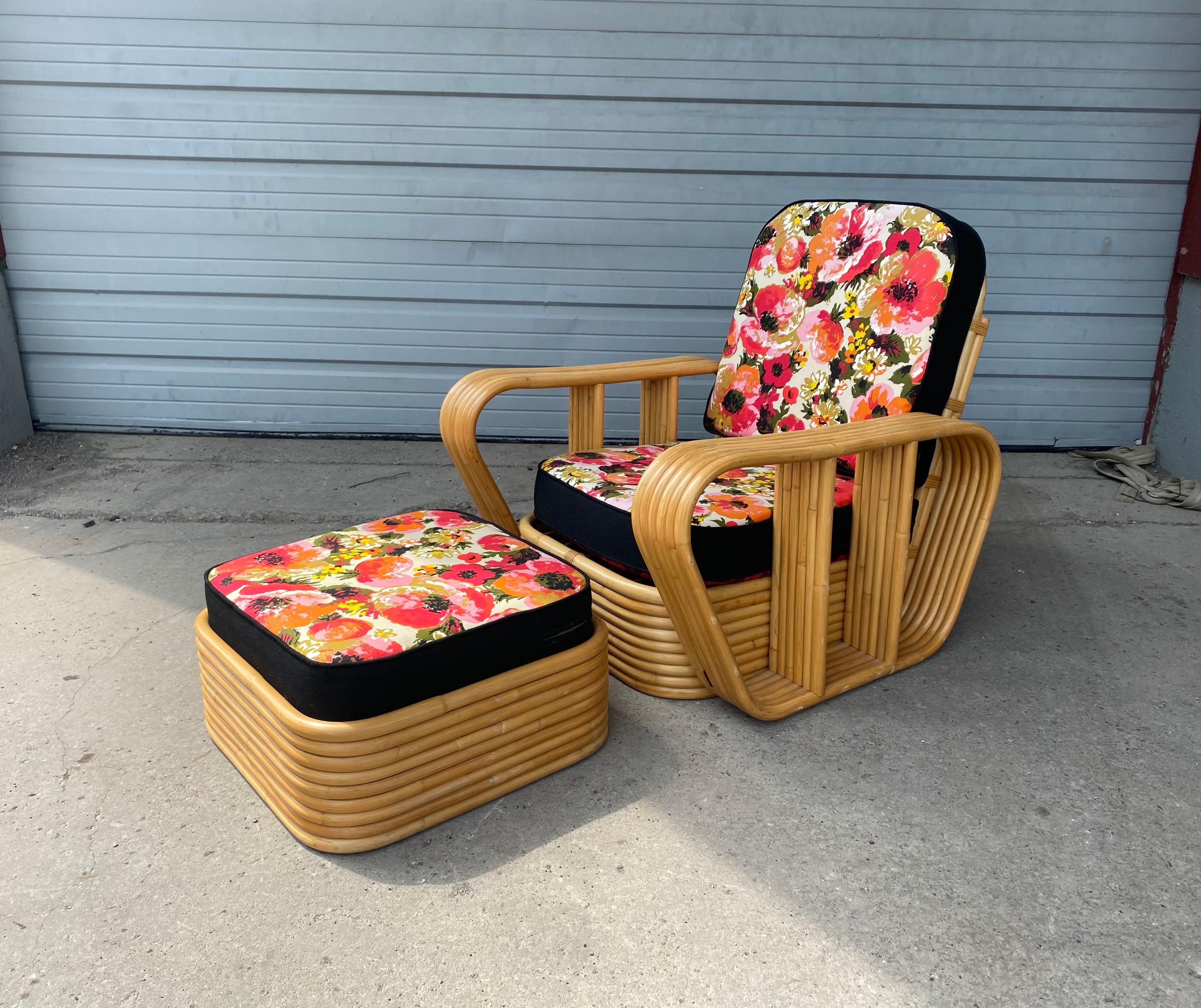 Stunning 1950s  6 band bamboo lounge chair and ottoman, Art Deco style, bamboo in amazing original condition, recently reupholstered reversible loose cushions, extremely comfortable.