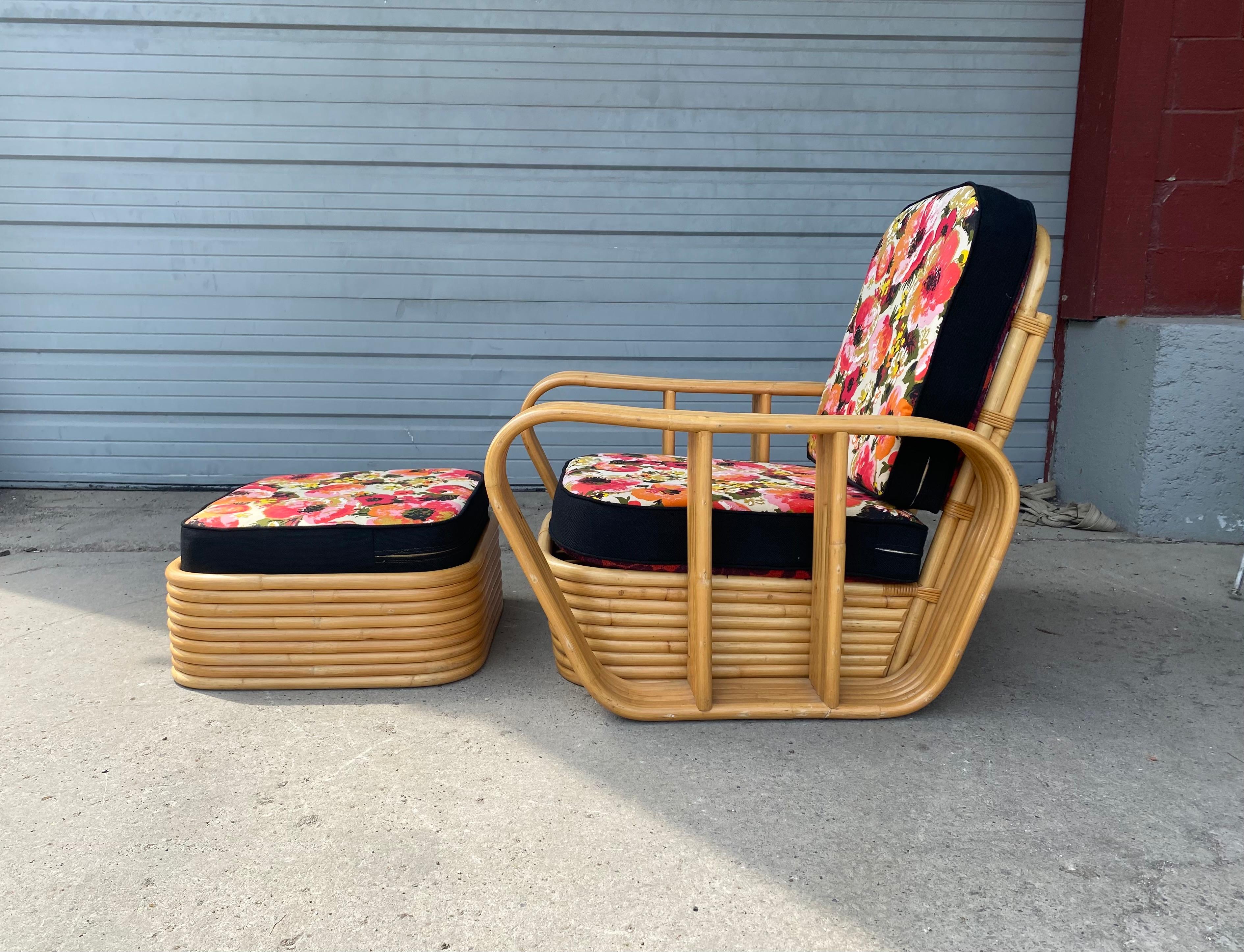 Mid-20th Century 1950s  6 Band Bamboo Lounge Chair and Ottoman, Art Deco For Sale