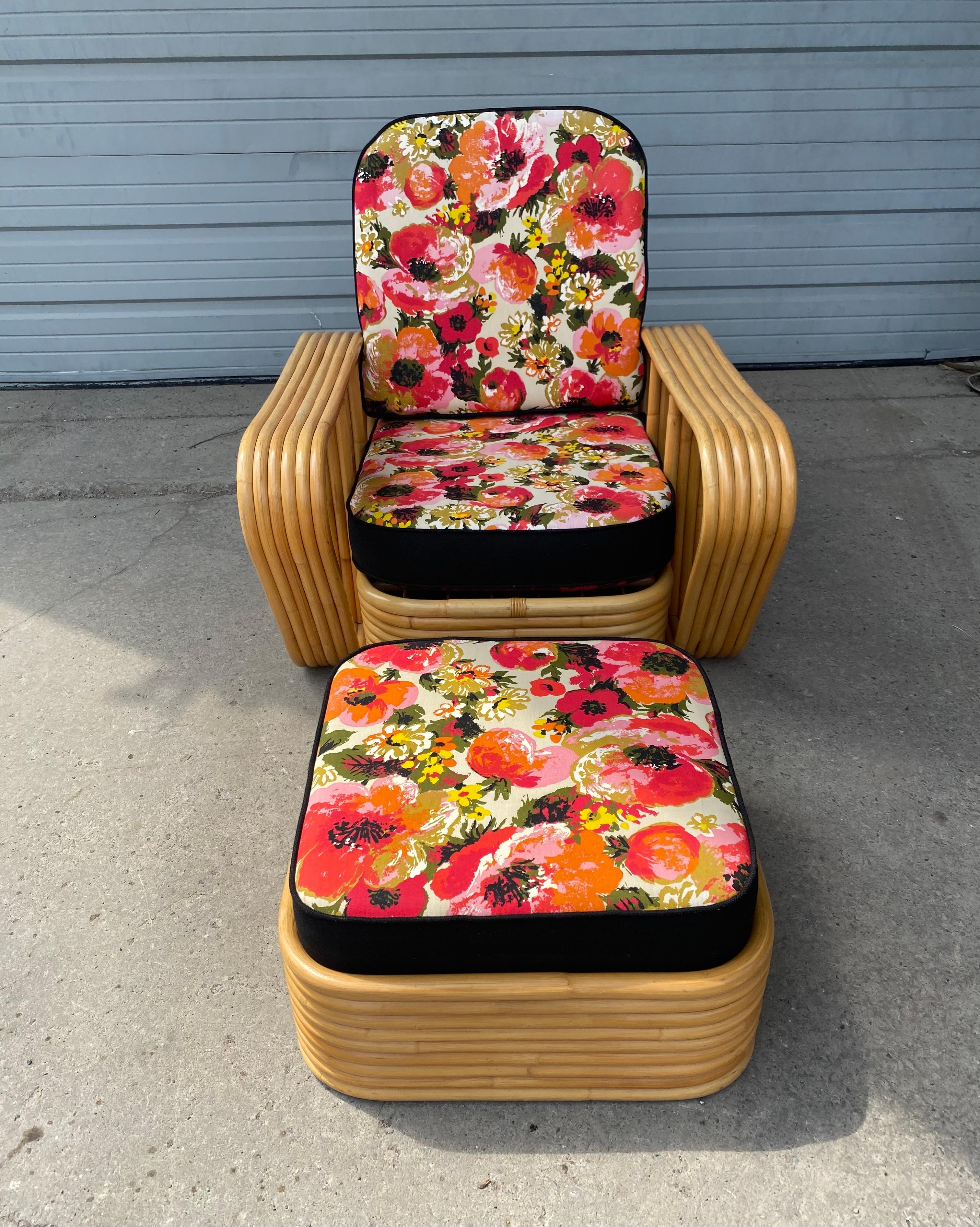 1950s  6 Band Bamboo Lounge Chair and Ottoman, Art Deco For Sale 1