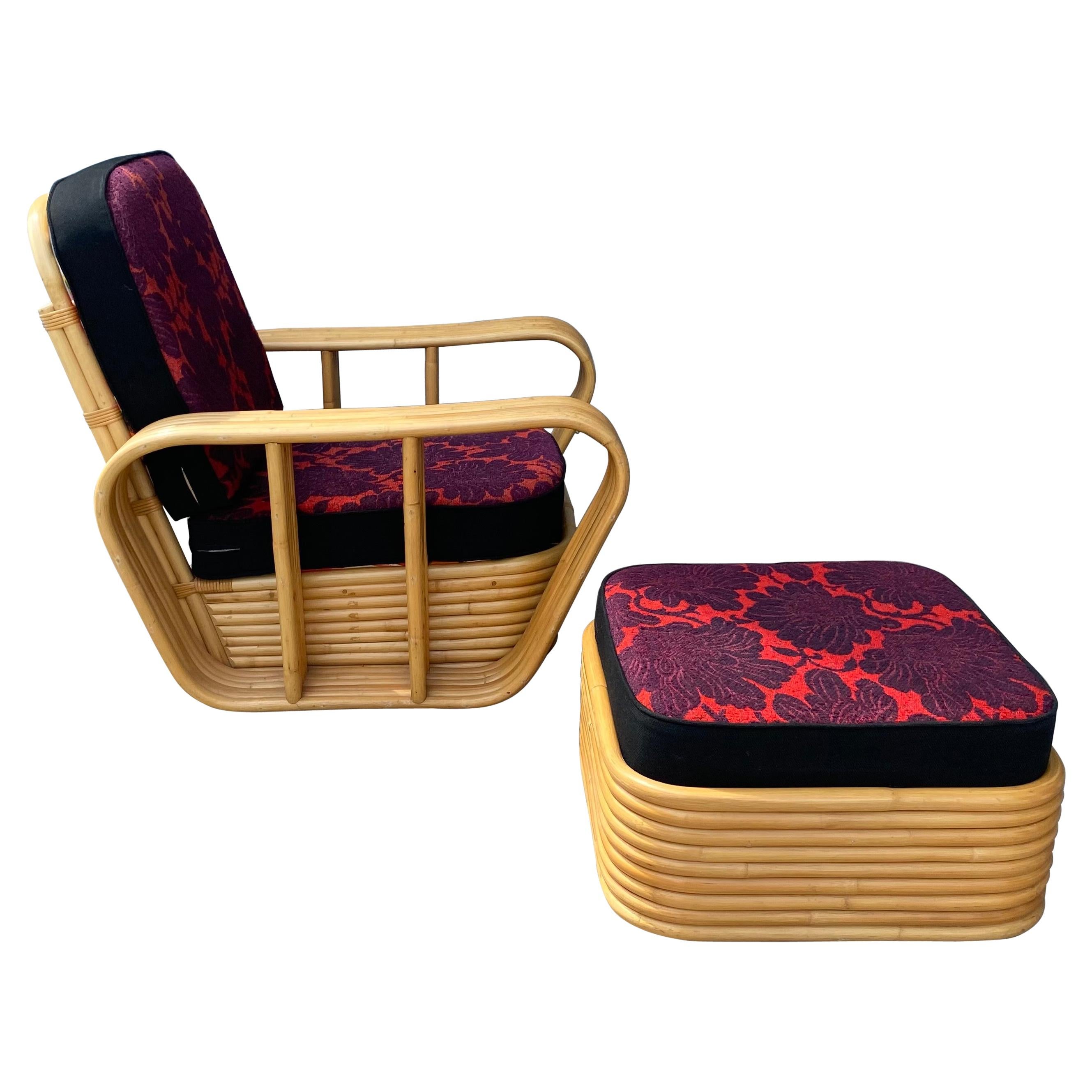 années 1950  Fauteuil de salon et pouf en bambou à 6 bandes, Art Déco