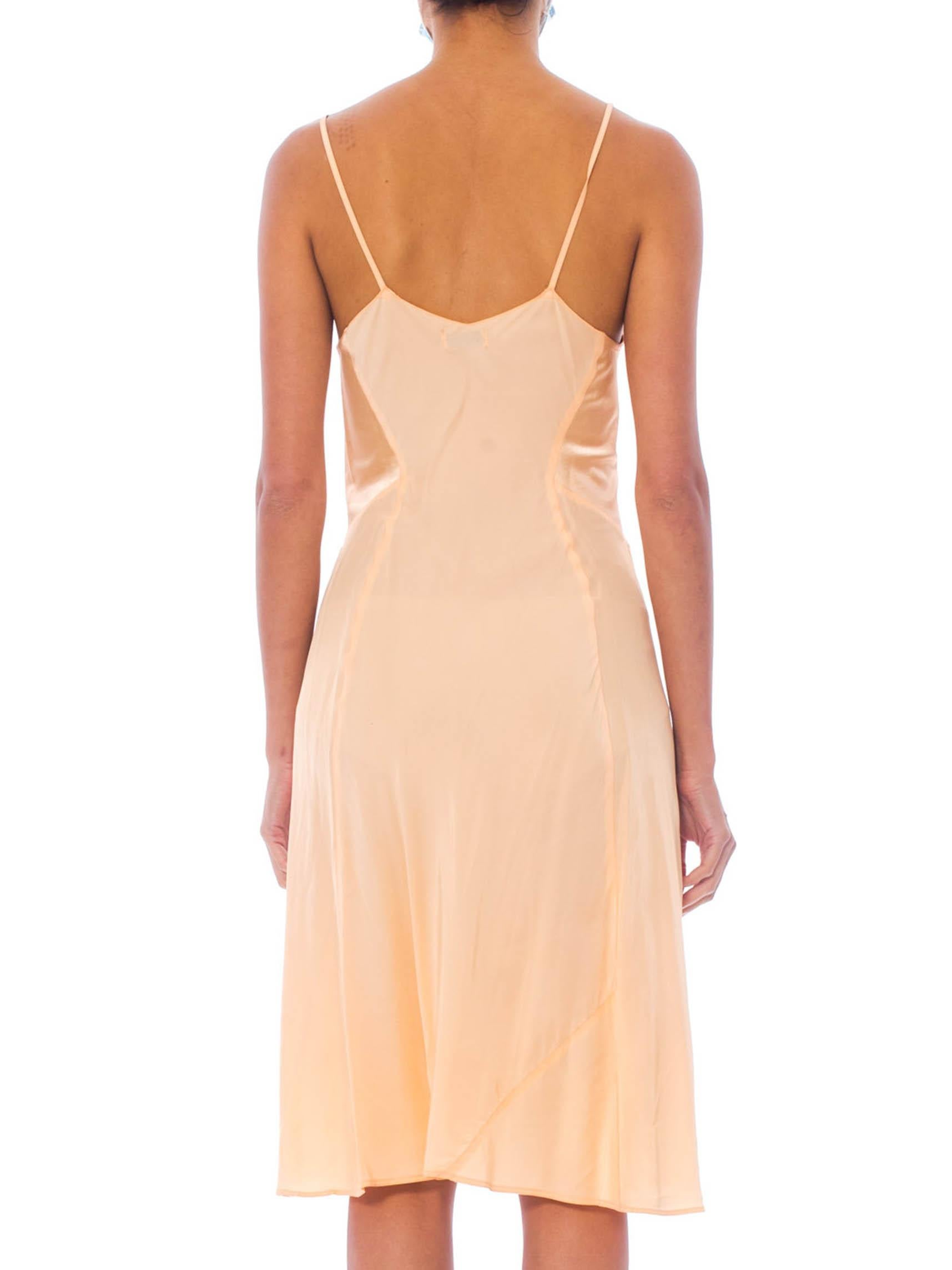 1940S Peach Bias Cut Rayon Slip Dress With Elastic Side Panels For Fit In Excellent Condition In New York, NY
