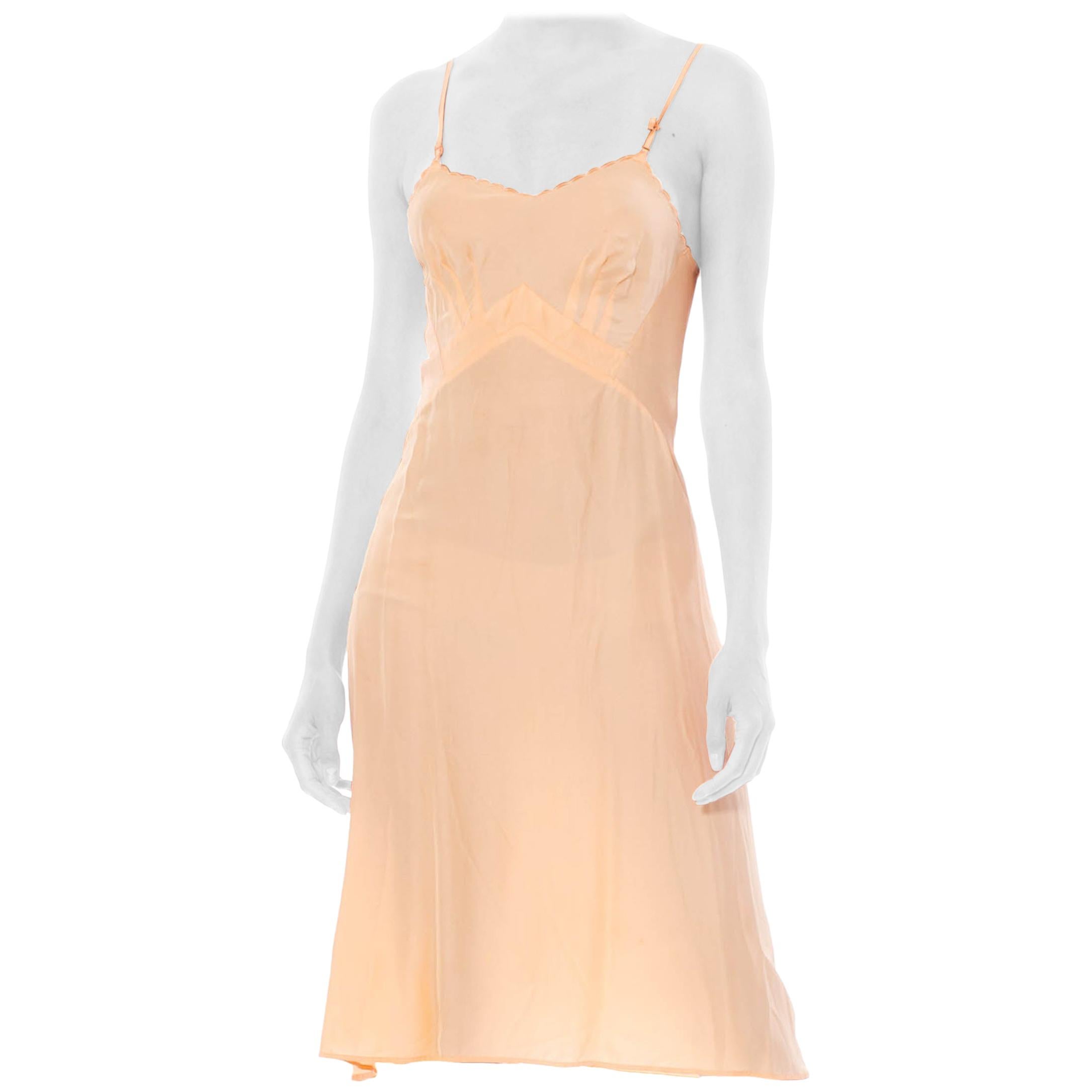 1940S Peach Bias Cut Rayon Slip Dress With Elastic Side Panels For Fit