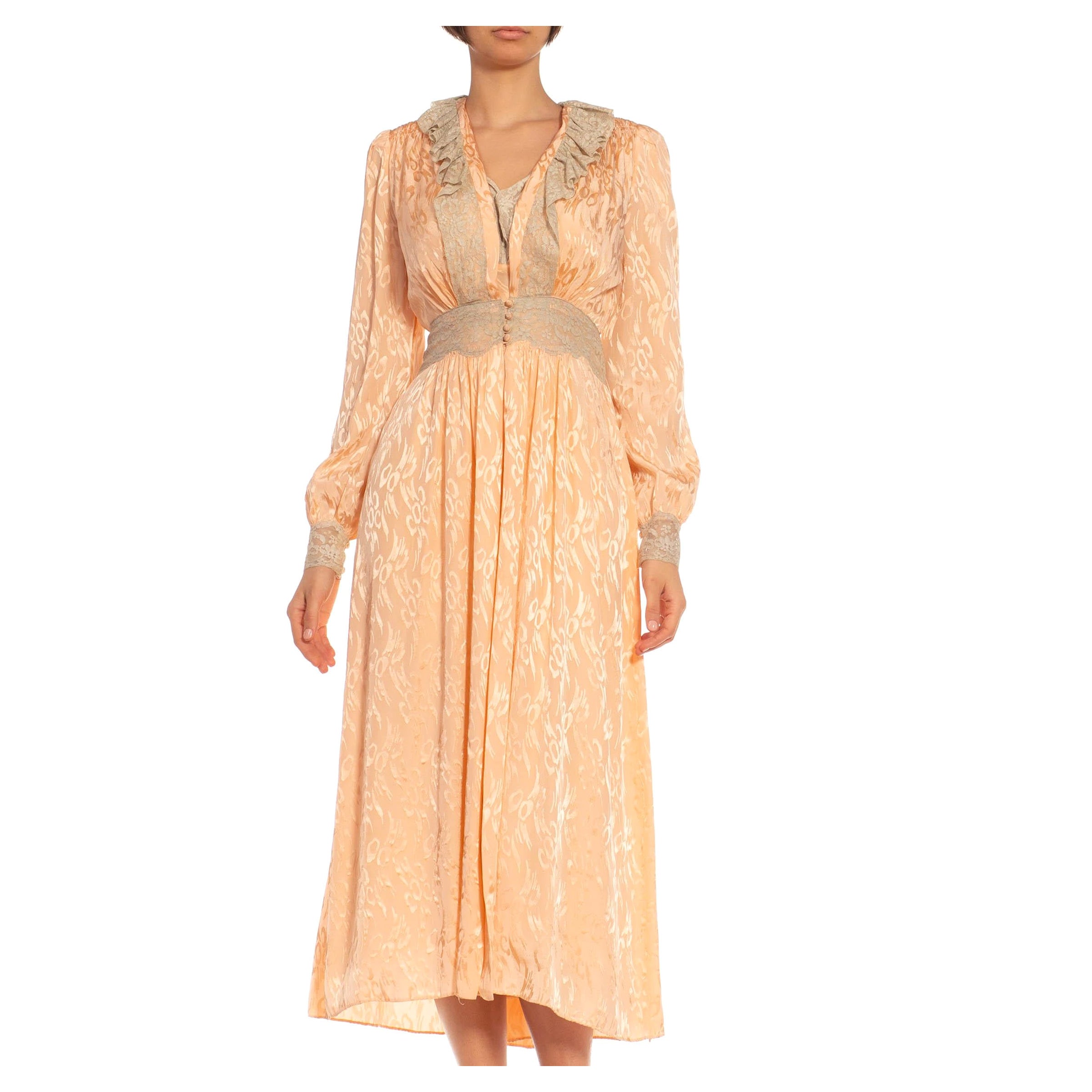 1940S Melocotón y Crema Vestido de Encaje al Bies con Chaqueta