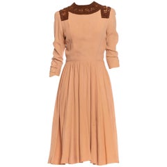 1940S Peach Rayon Crepe Dress With Brown Wool Lace Collar