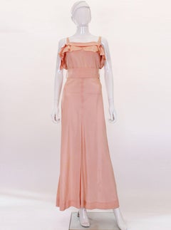 1940s Peach Ruffle Necked Slip Style Evening Gown