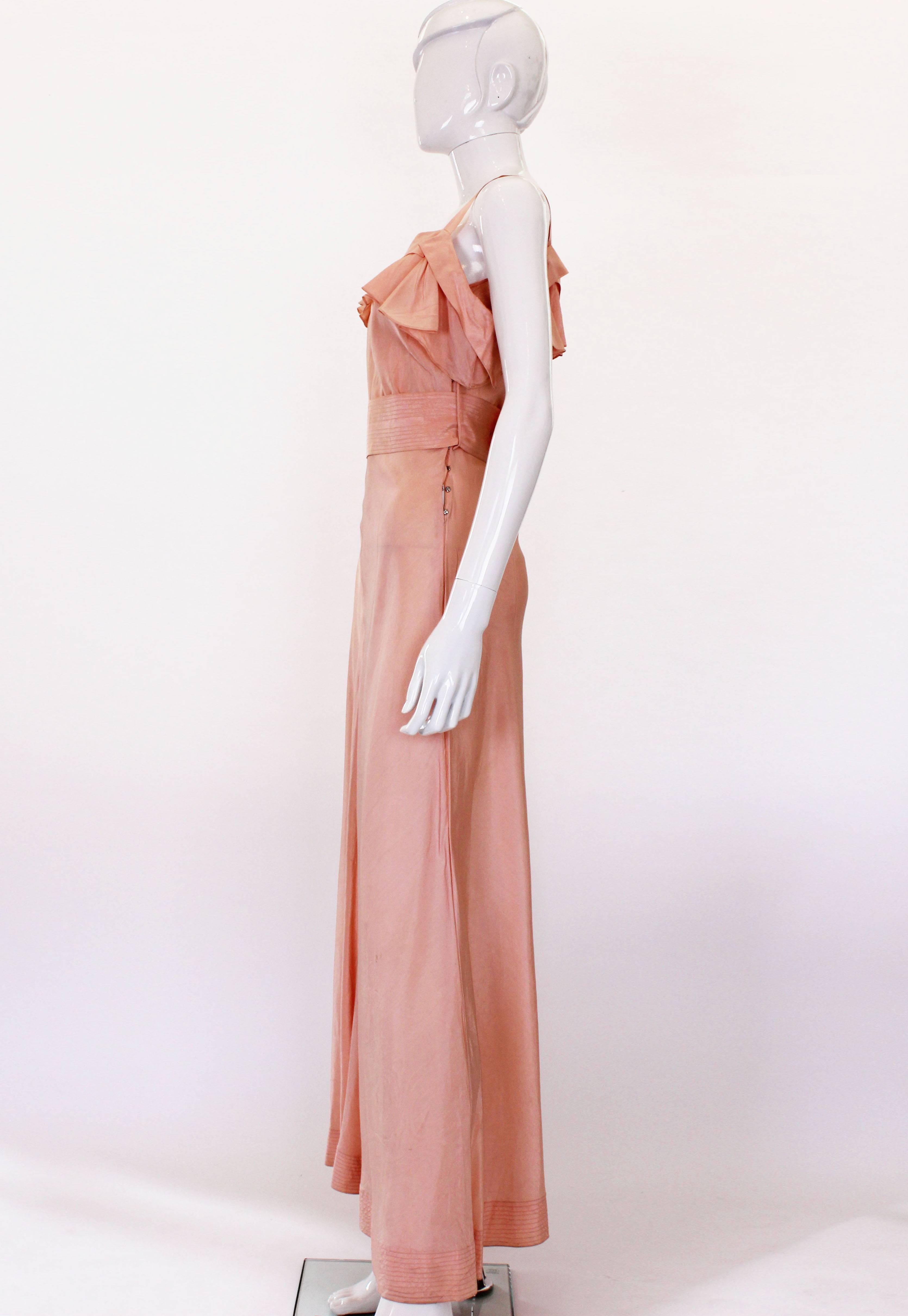 Brown 1940s Peach Ruffle Necked Slip Style Evening Gown For Sale
