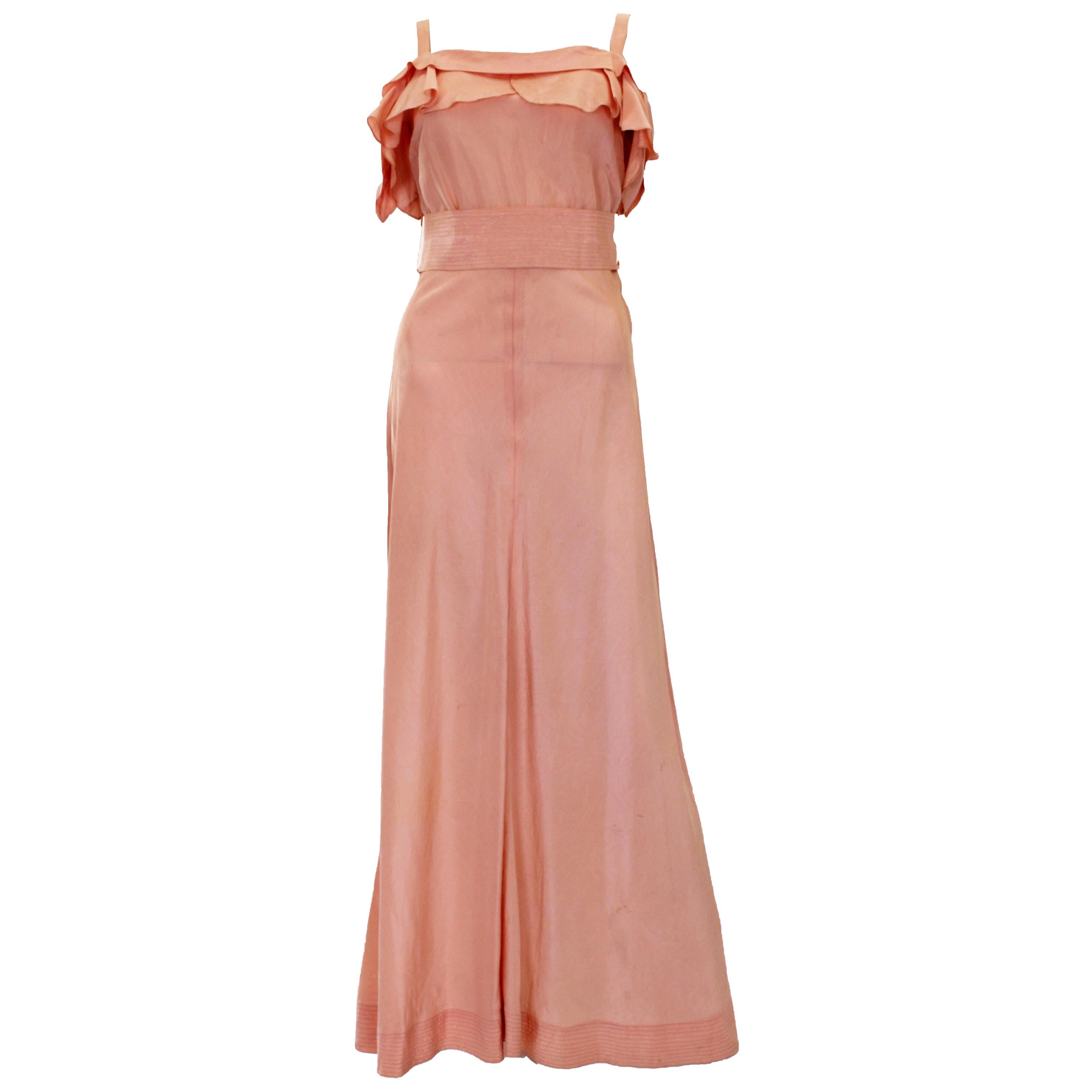 1940s Peach Ruffle Necked Slip Style Evening Gown For Sale