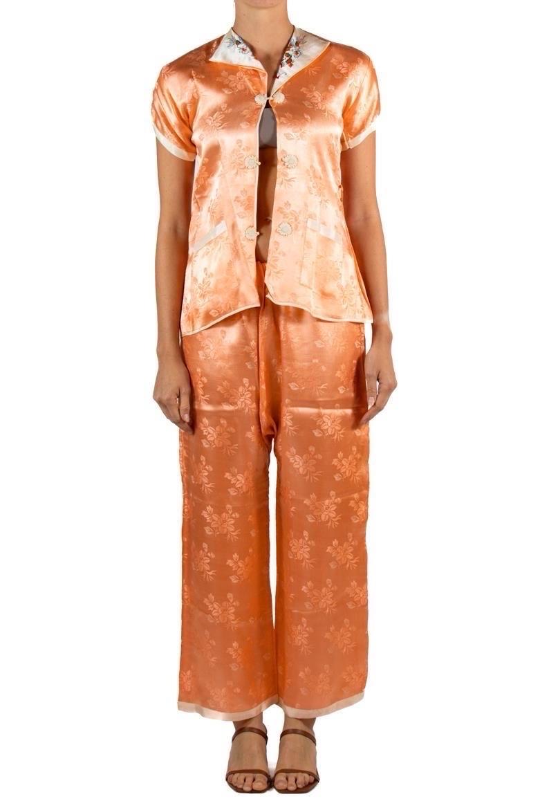 Orange 1940S Peach Silk Jacquard Embroidered Pajamas For Sale