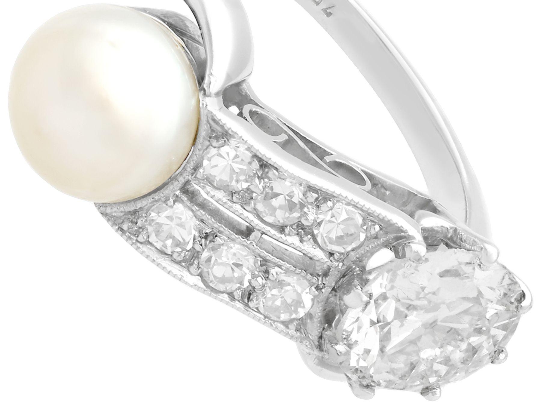 Round Cut 1940s Pearl 1.34 Carat Diamond Gold Engagement Ring For Sale