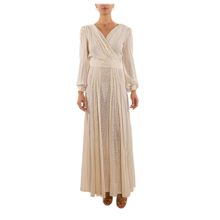 1940S Pearl White Burnout Chiffon Sheer Dress With Floral Pattern For Sale  at 1stDibs