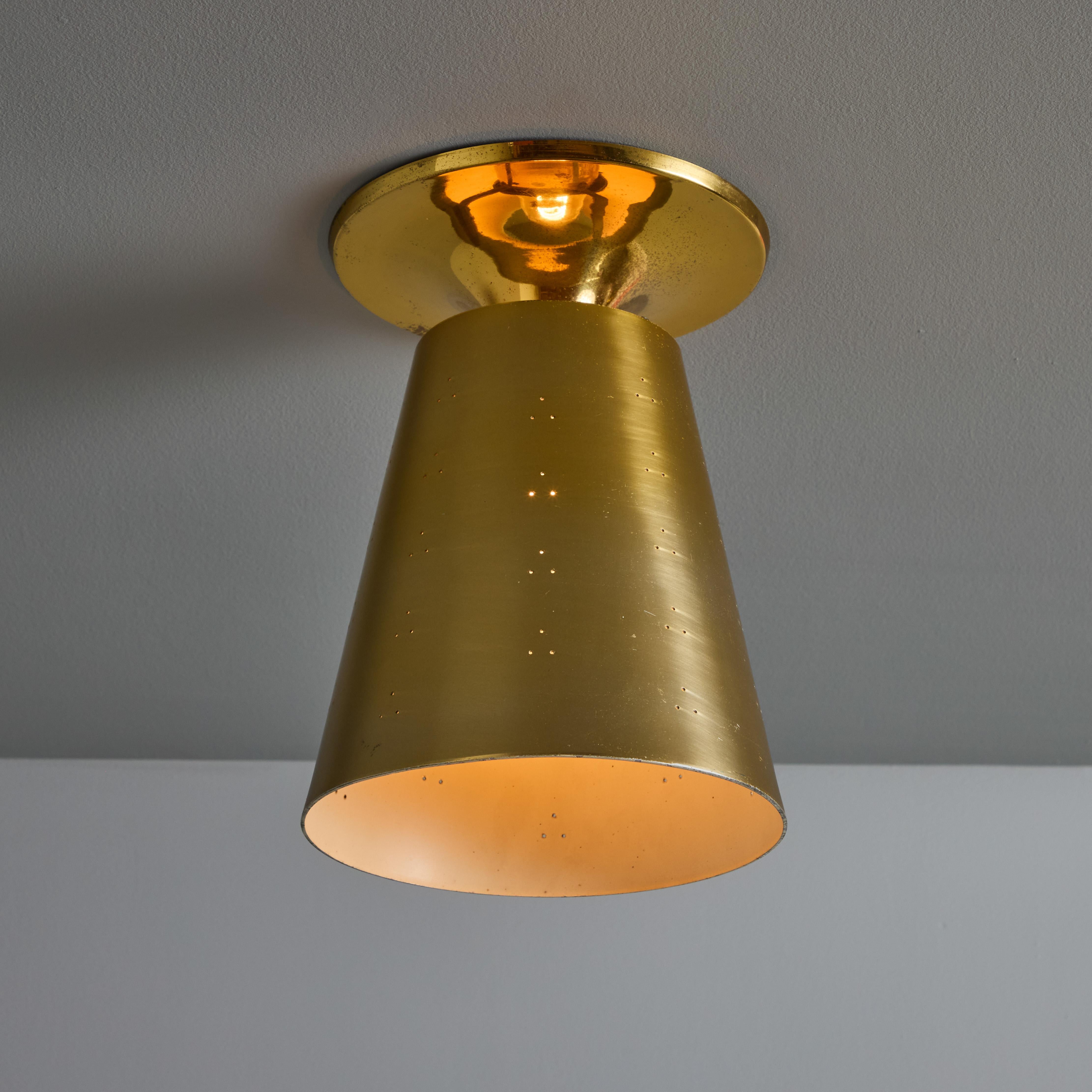 Finnish 1940s Perforated Brass Conical Ceiling Lamp Attributed to Paavo Tynell For Sale
