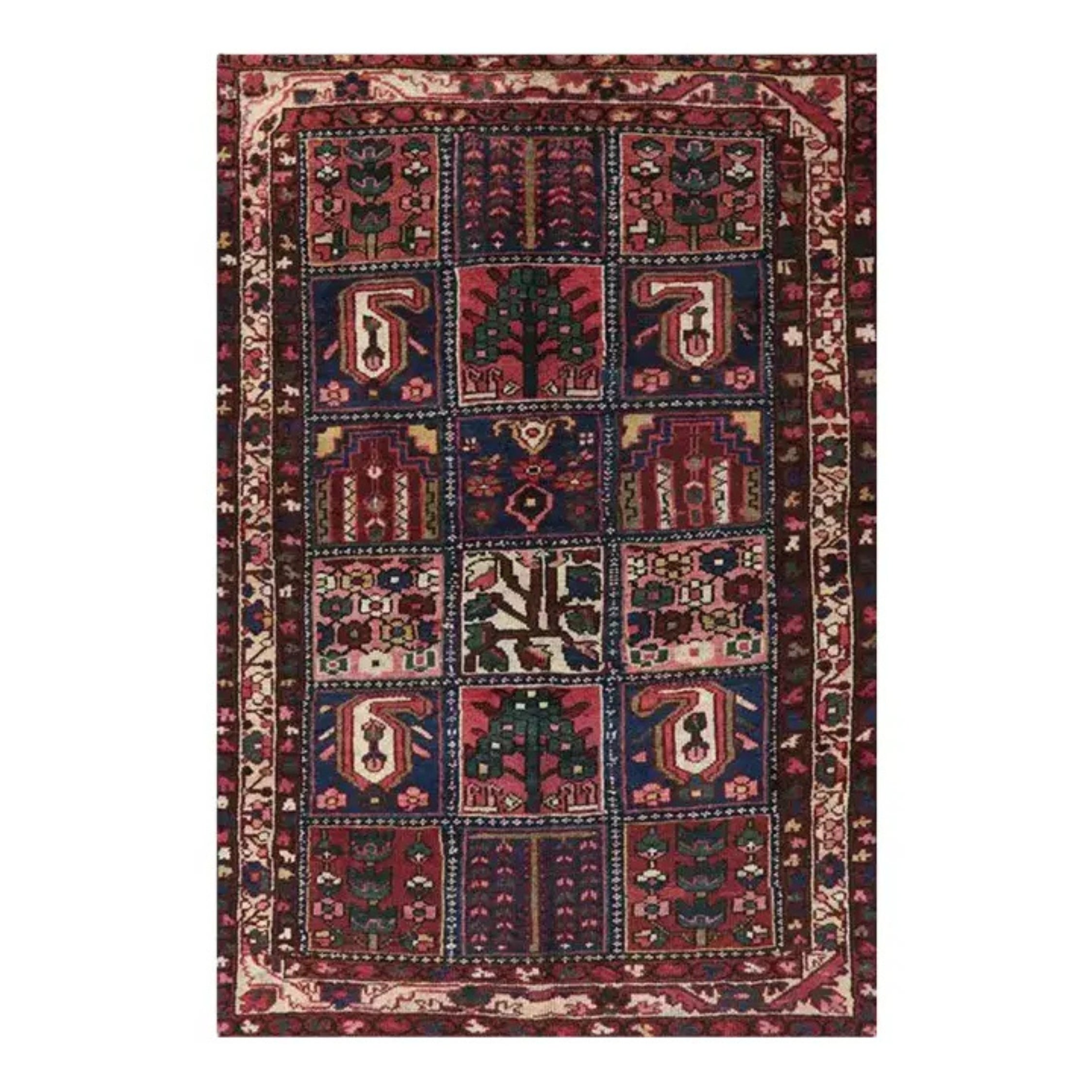 1940s Persian Bakhtiari Wool Area Rug, Hand-Knotted Tribal Carpet, 4′2″ × 6′5″