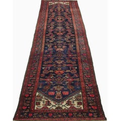 1940s Persian Bijar Wool Runner Rug, Hand-Knotted Geometric Carpet, 3′6″ × 16′0″