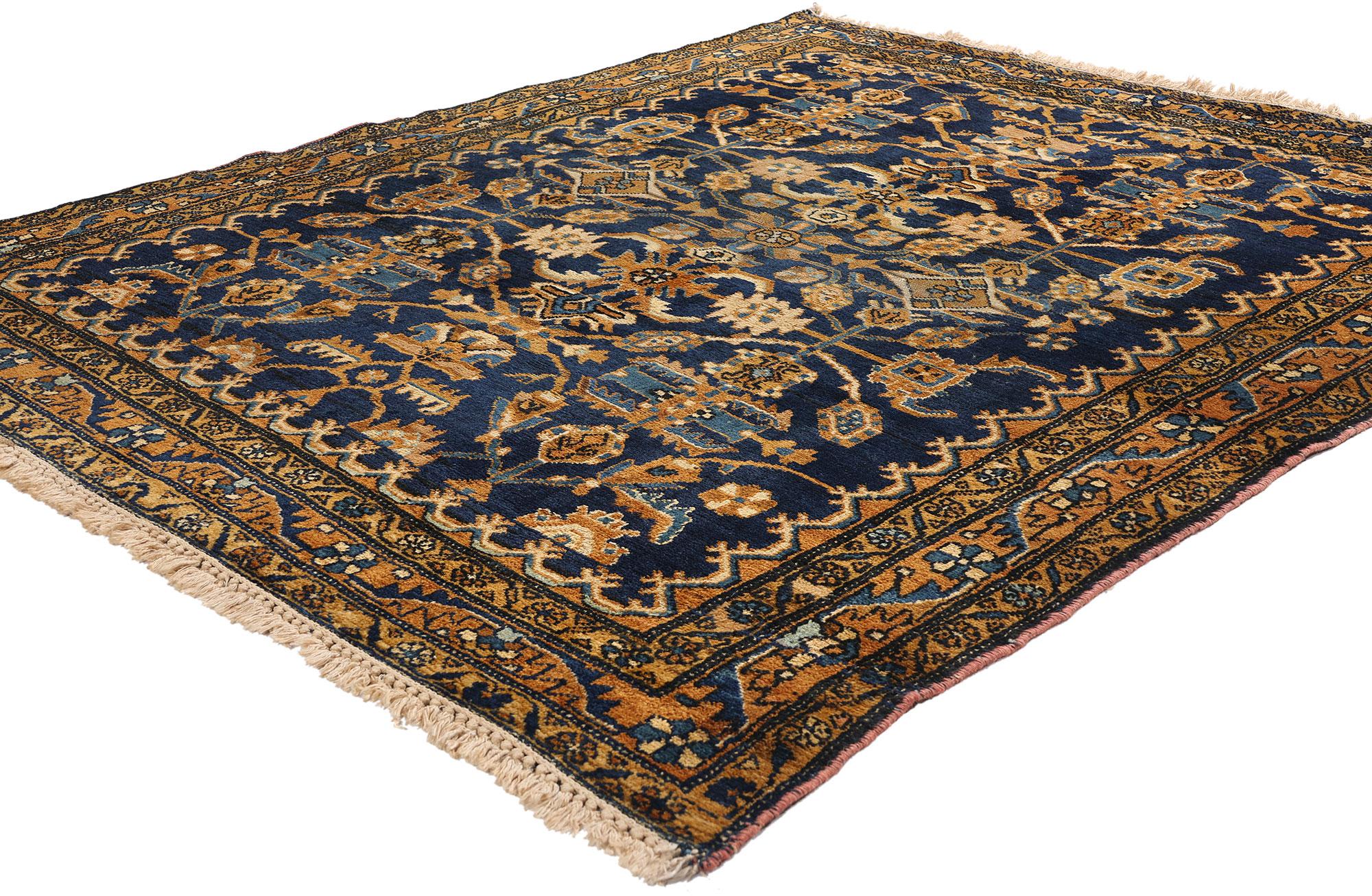 75775 Alfombra persa Hamadan Vintage, 05'02 x 06'02. Esta alfombra persa Malayer Hamadan vintage de lana anudada a mano es un impresionante ejemplo de arte, con un intrincado diseño que encarna la historia y la elegancia. Su profundo y rico campo