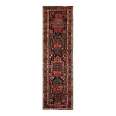1940s Persian Heriz Wool Runner Rug, Hand-Knotted Geometric Carpet, 3′2″ × 11′0″