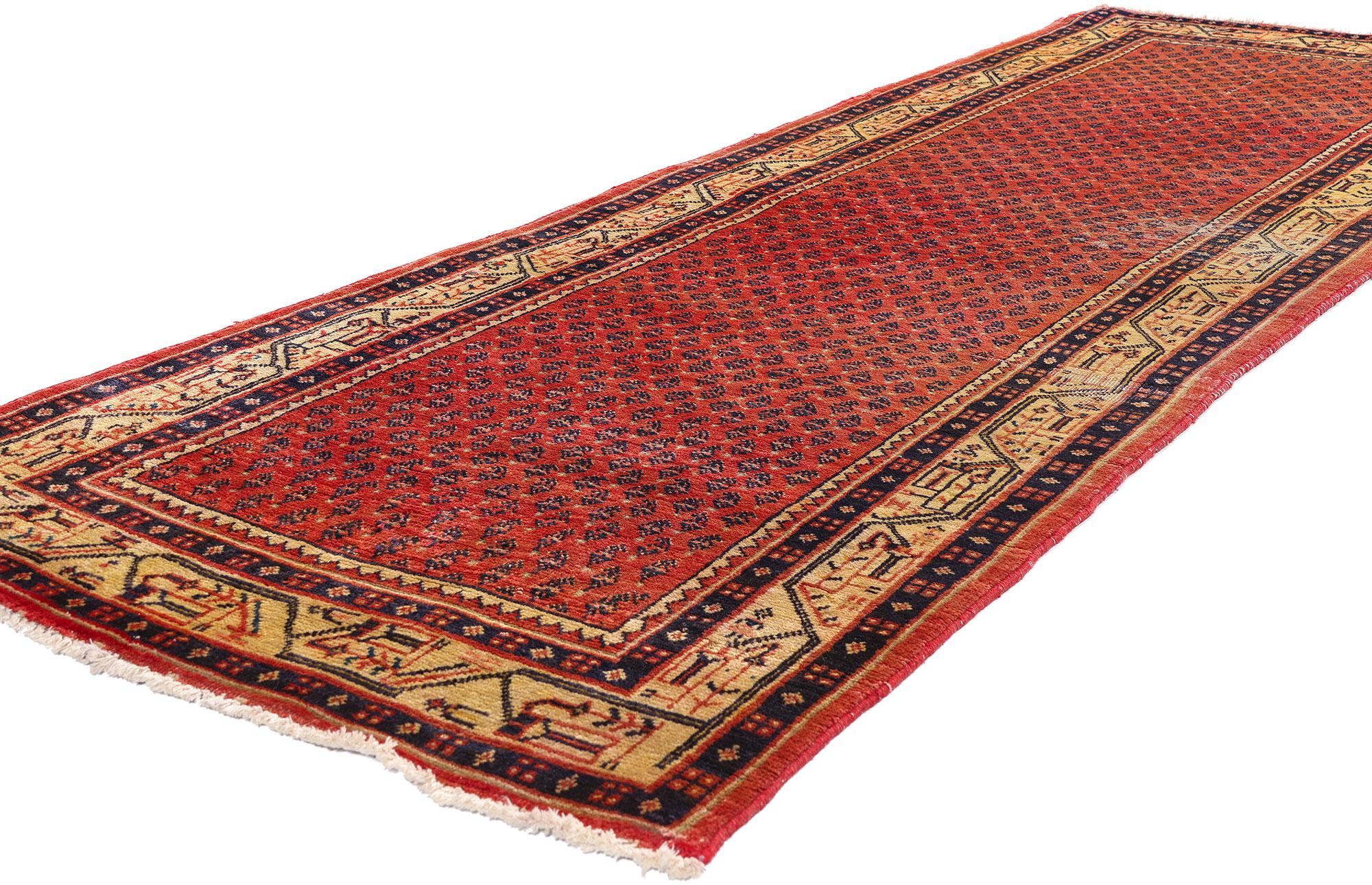 79283 Vintage Persian Mahal Rug, 03'06 x 10'00. An exclusive treasure of Persian artistry, this vintage hand-knotted Mahal runner embodies a rare combination of timeless heritage and bespoke elegance. Woven by skilled artisans, it exudes a quiet