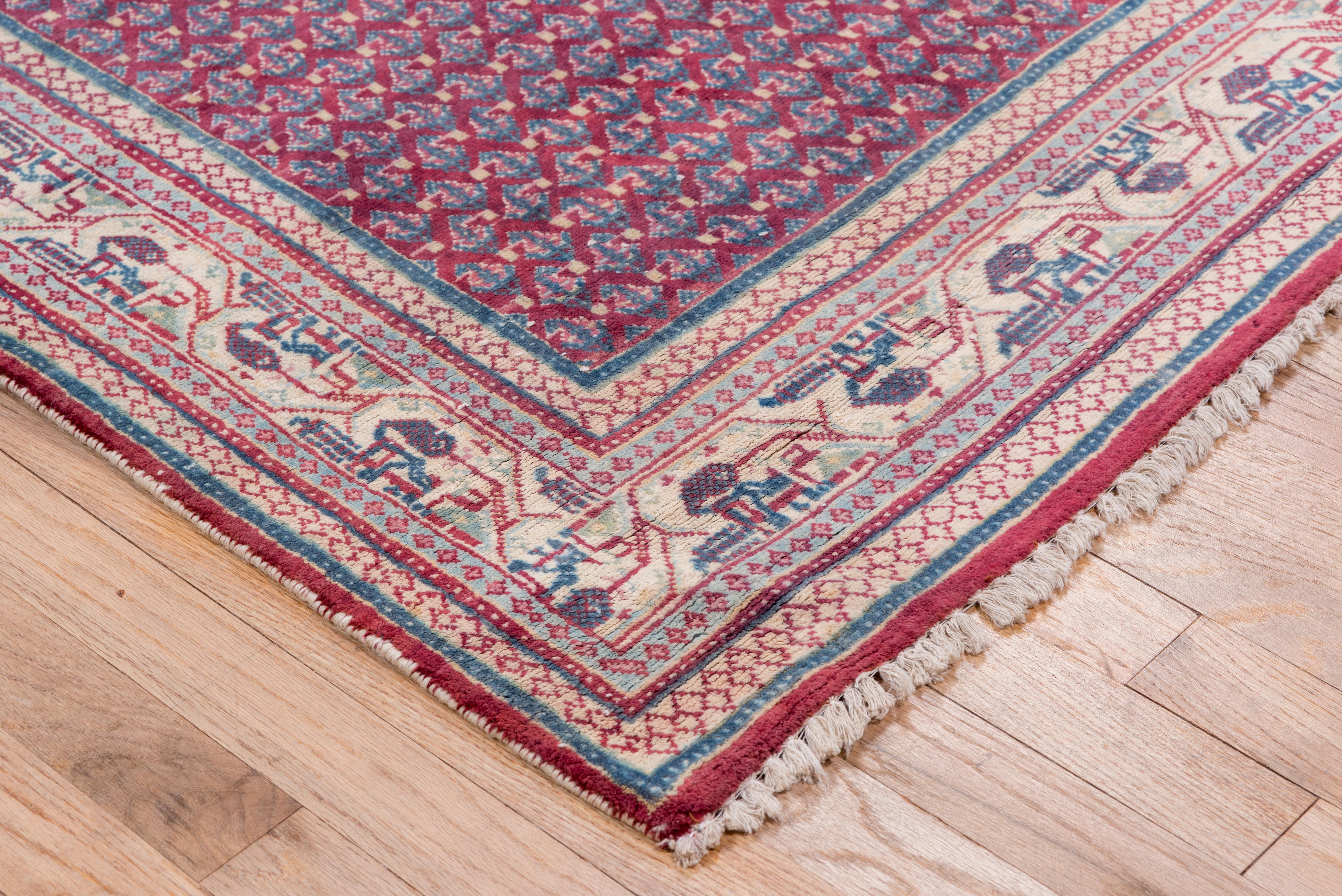 Hand-Knotted 1940s Persian Saraband Wide Runner, Raspberry Paisley Field & Blue Detais For Sale