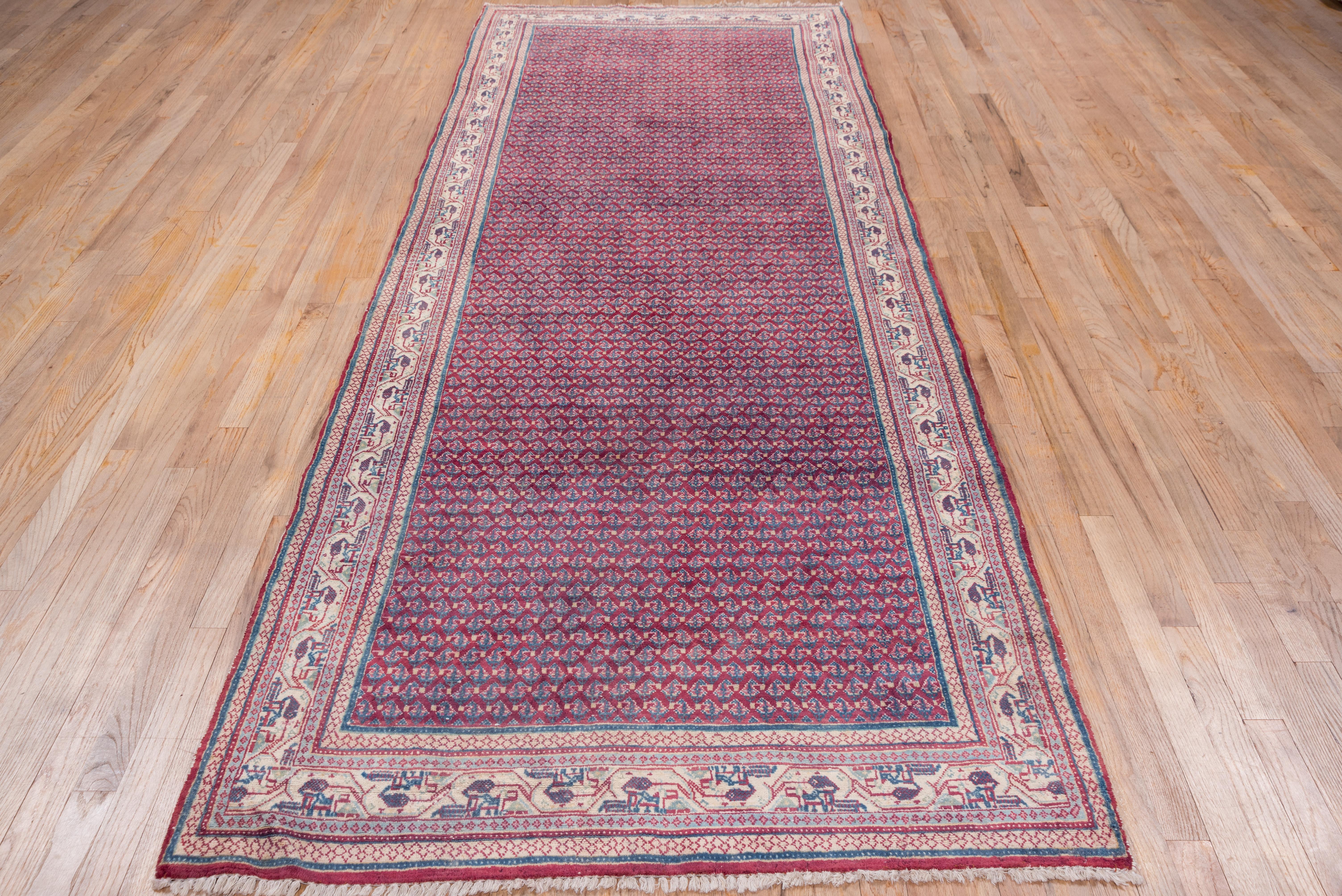 1940s Persian Saraband Wide Runner, Raspberry Paisley Field & Blue Detais In Good Condition For Sale In New York, NY