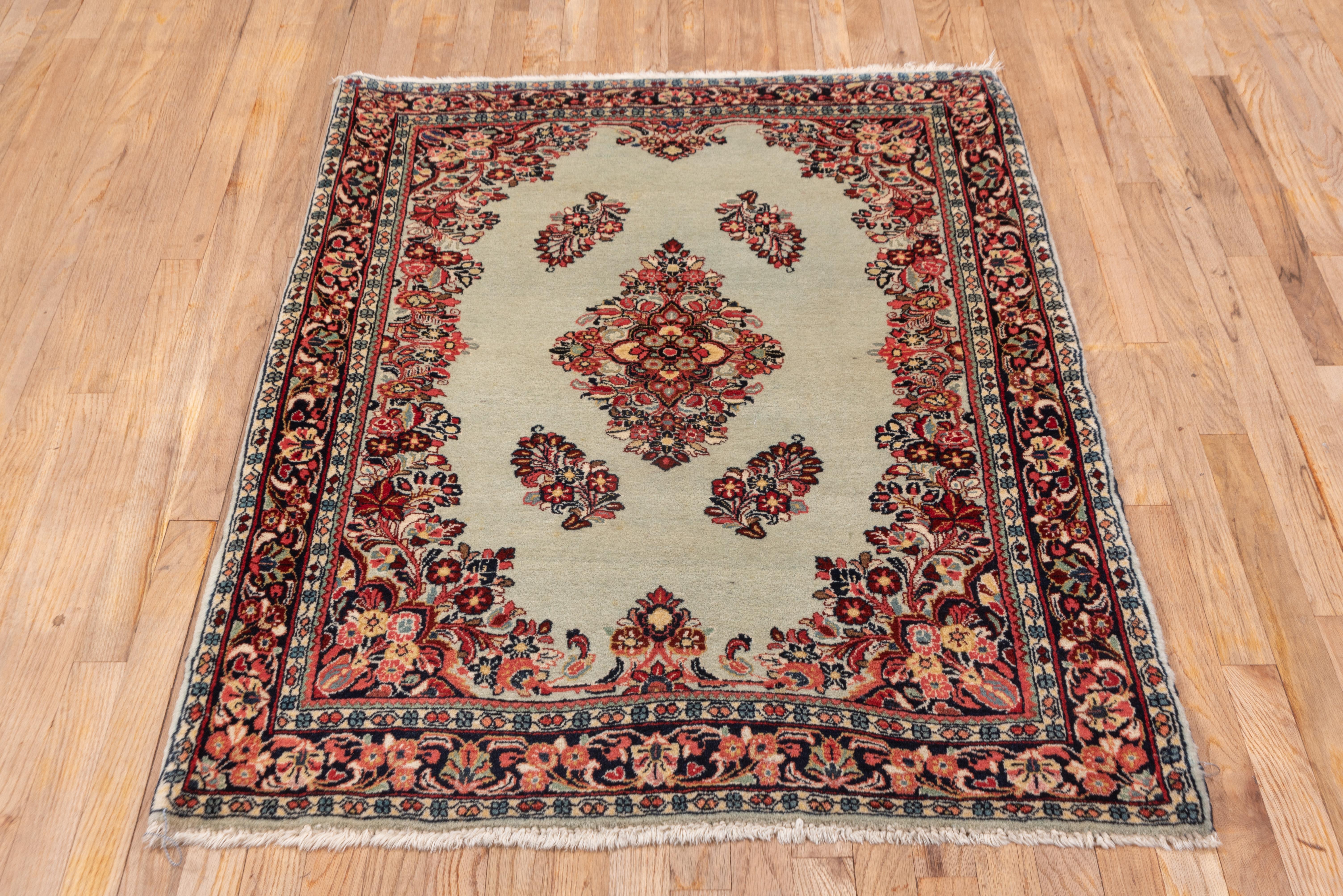 Kirman 1940S Persian Sarouk Scatter Rug, Ivory Field and Red Accents For Sale