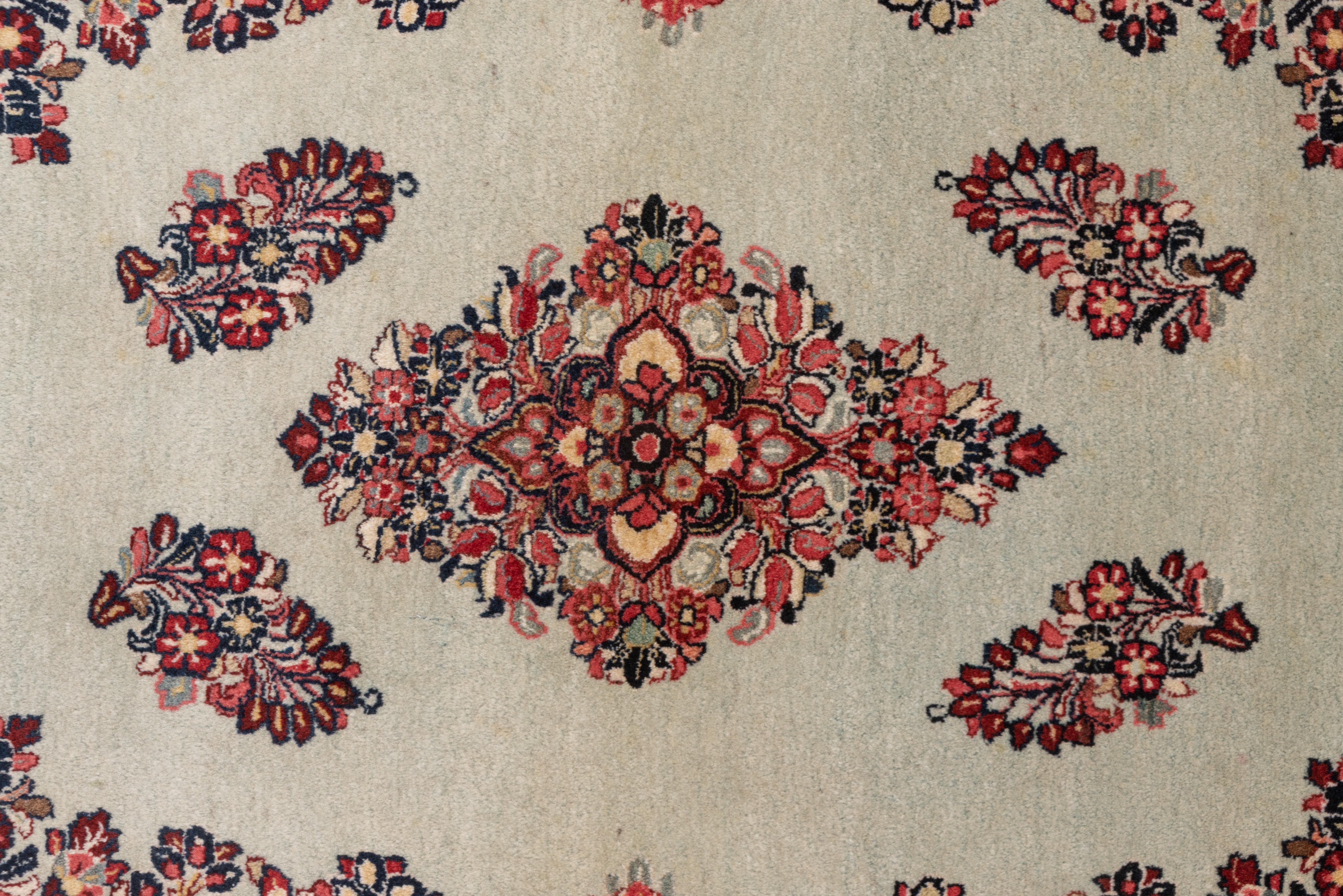 Hand-Knotted 1940S Persian Sarouk Scatter Rug, Ivory Field and Red Accents For Sale