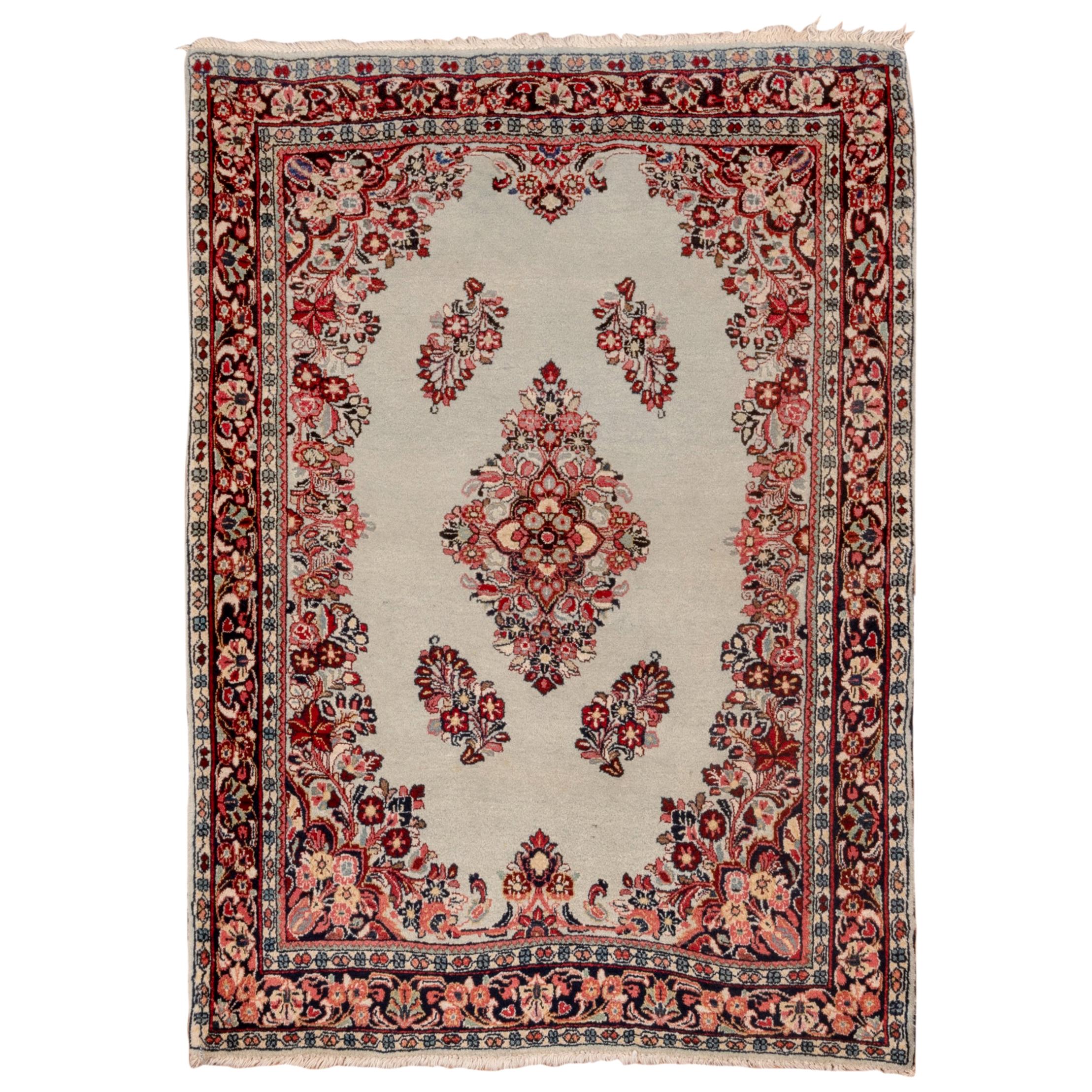 1940S Persian Sarouk Scatter Rug, Ivory Field and Red Accents
