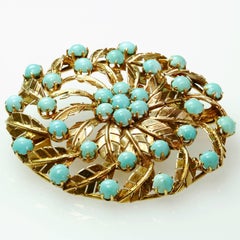 1940s Persian Turquoise Yellow Gold Round Leaf Brooch