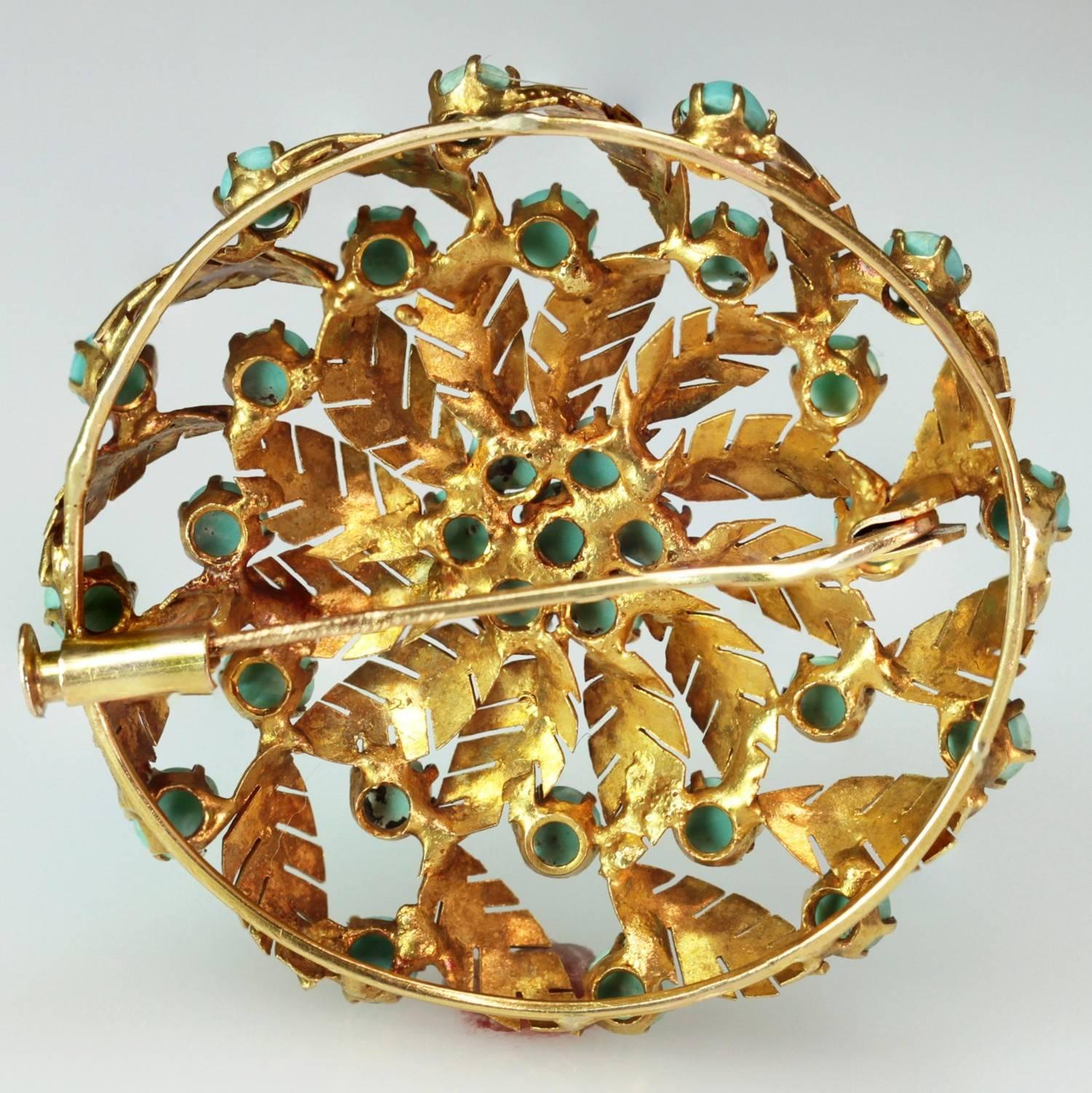 Women's 1940s Persian Turquoise Yellow Gold Round Leaf Brooch
