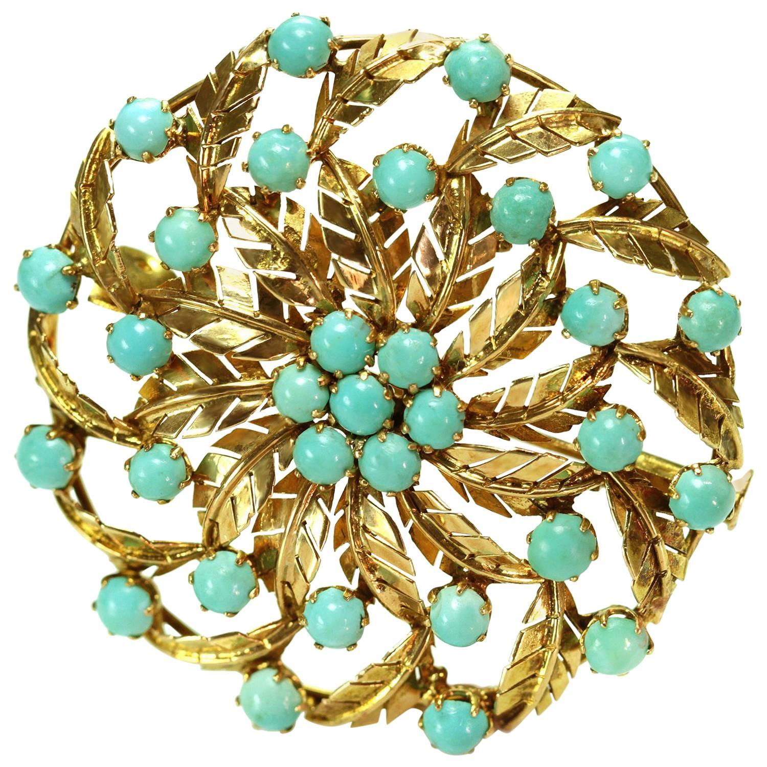 1940s Persian Turquoise Yellow Gold Round Leaf Brooch