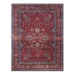 1940s Persian Yazd Wool Area Rug, Hand-Knotted Floral Medallion Rug, 9′10″×13'