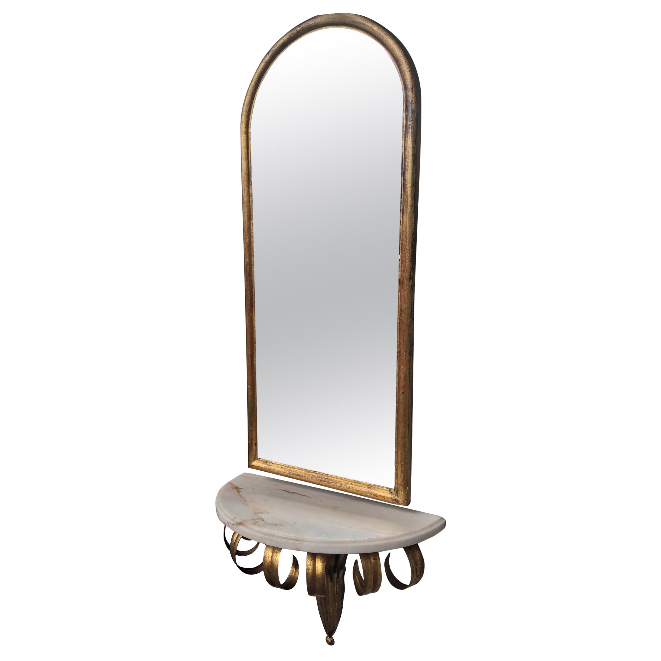 1940
s Petite Hollywood Regency Gilt Tole/ Marble/ Mirror Console Table Set For Sale