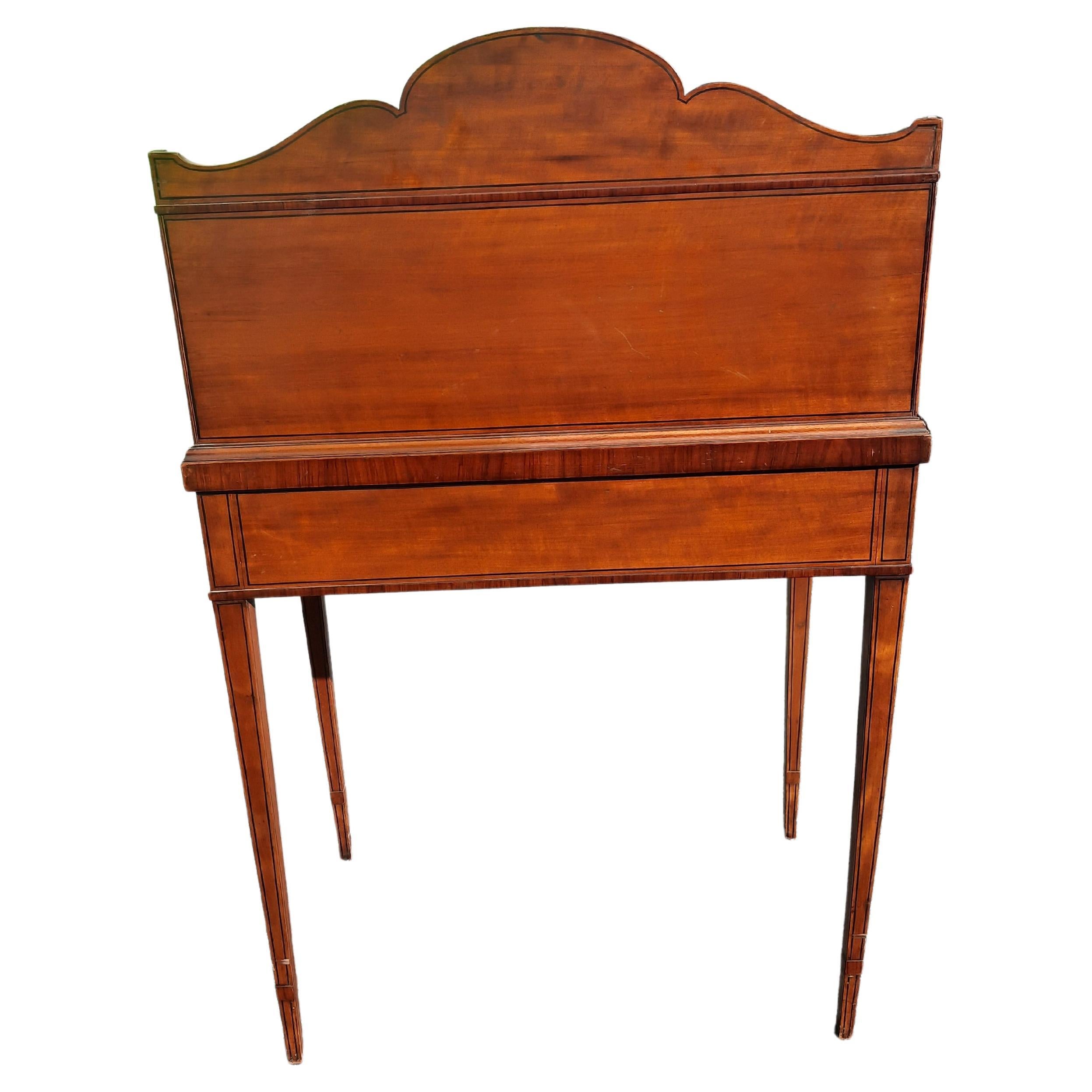 1940s Petite Mahogany Ornate Painted Secretary Bureau with Flip Leather Top For Sale 5