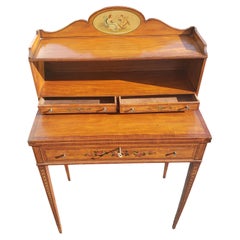 1940s Petite Mahogany Ornate Painted Secretary Bureau with Flip Leather Top