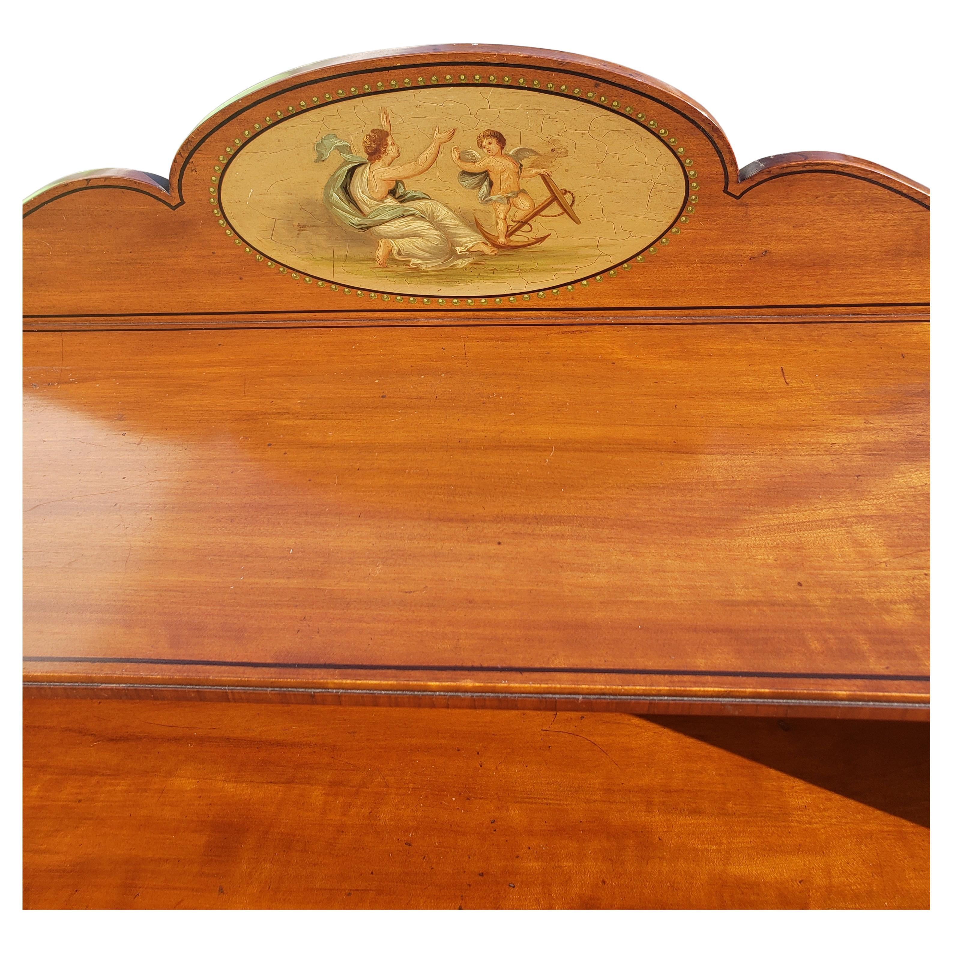Louis XV 1940s Petite Mahogany Ornate Painted Secretary Bureau with Flip Leather Top For Sale