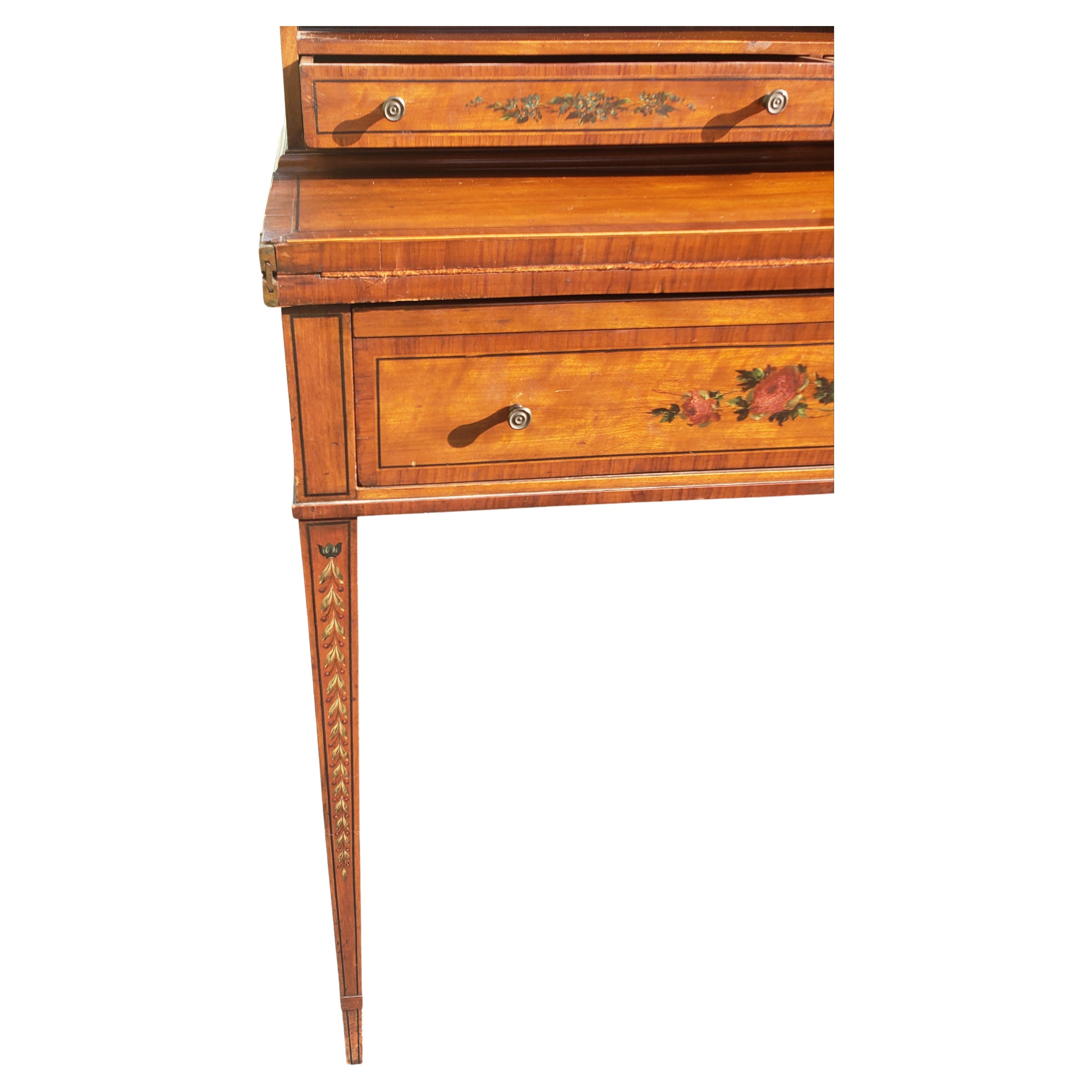 1940s Petite Mahogany Ornate Painted Secretary Bureau with Flip Leather Top In Good Condition For Sale In Germantown, MD