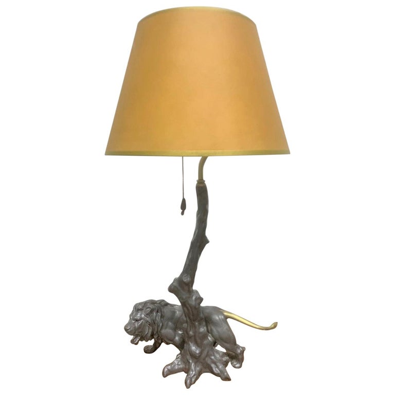 1940s Pewter and Bronze Lion Lamp For Sale at 1stDibs